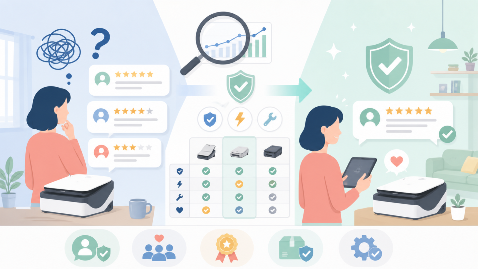 iCODISスキャナーの評判・信頼度とレビューの見極め方を表すイラスト