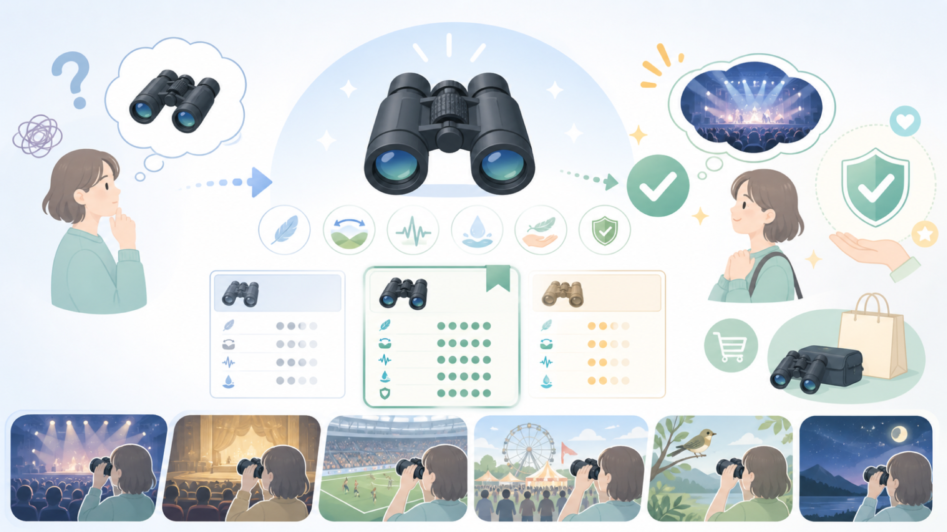 Biyoso 20倍双眼鏡の基本スペックと向いている使用シーンを表すイラスト