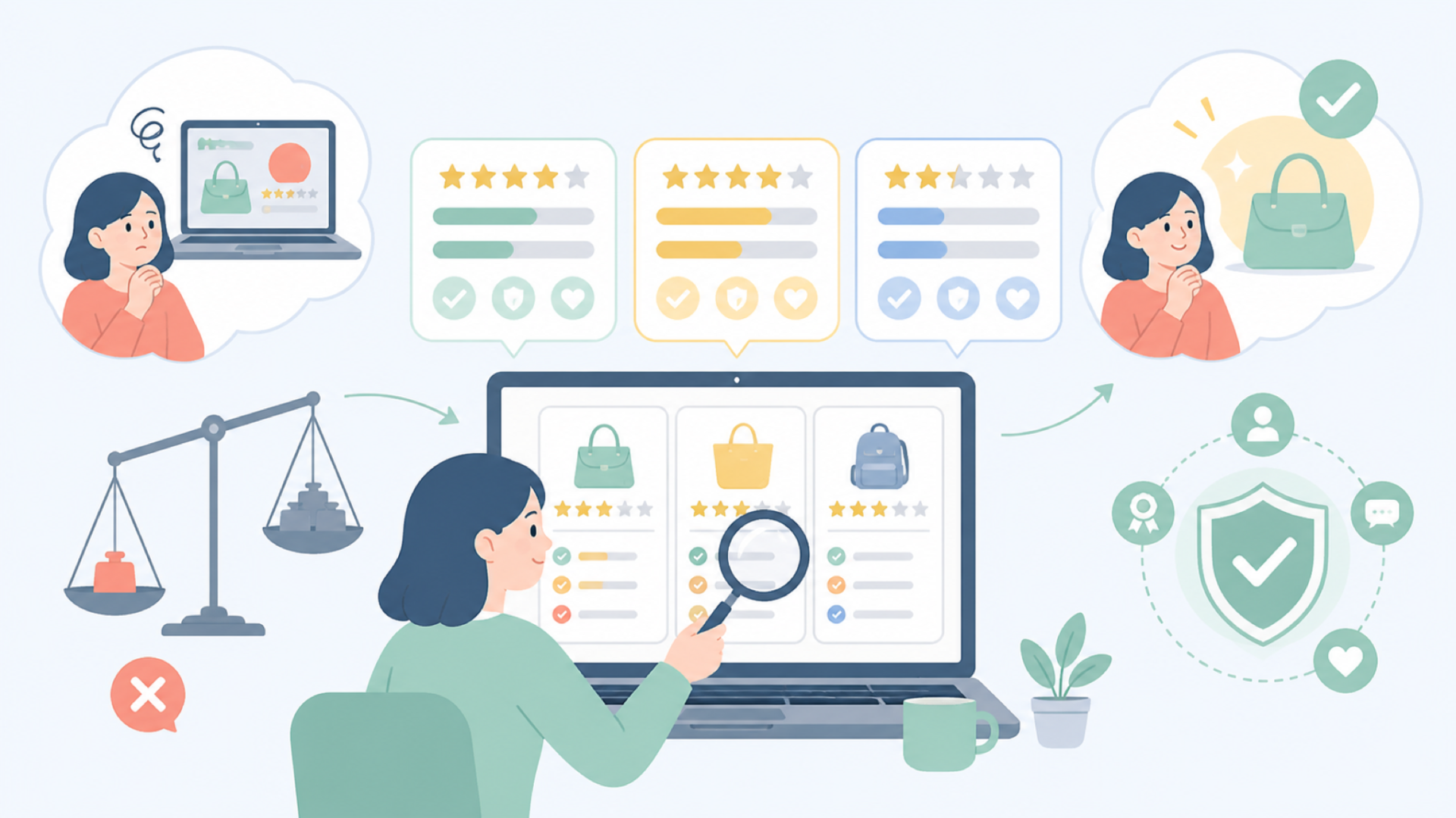 価格とコスパを見極めるためのチェックポイントを表すイラスト