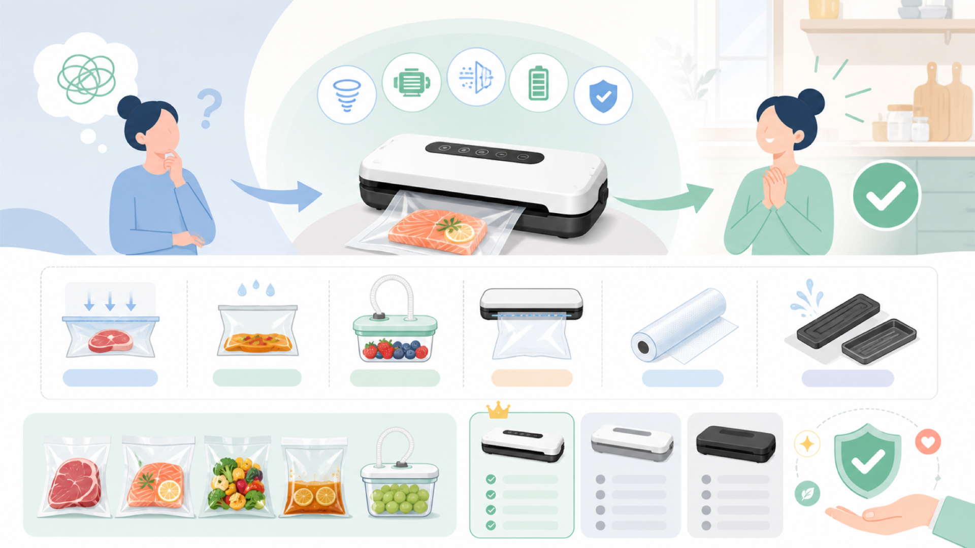 LKKNCの真空パック機はどんな製品？主な機能とスペックを表すイラスト