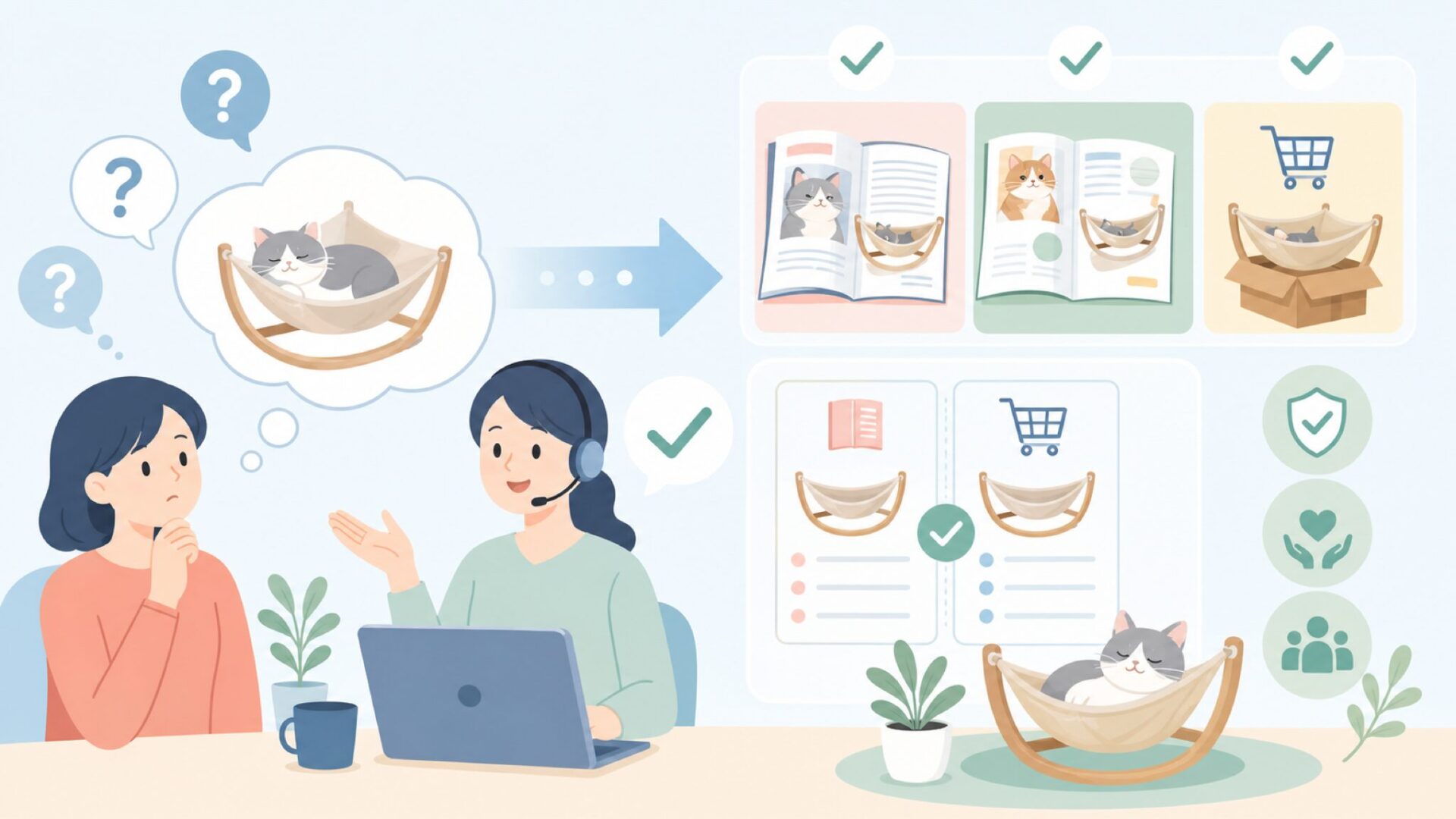 fabuon lifeの猫用ハンモックは雑誌掲載・Amazonでどう扱われているかを表すイラスト