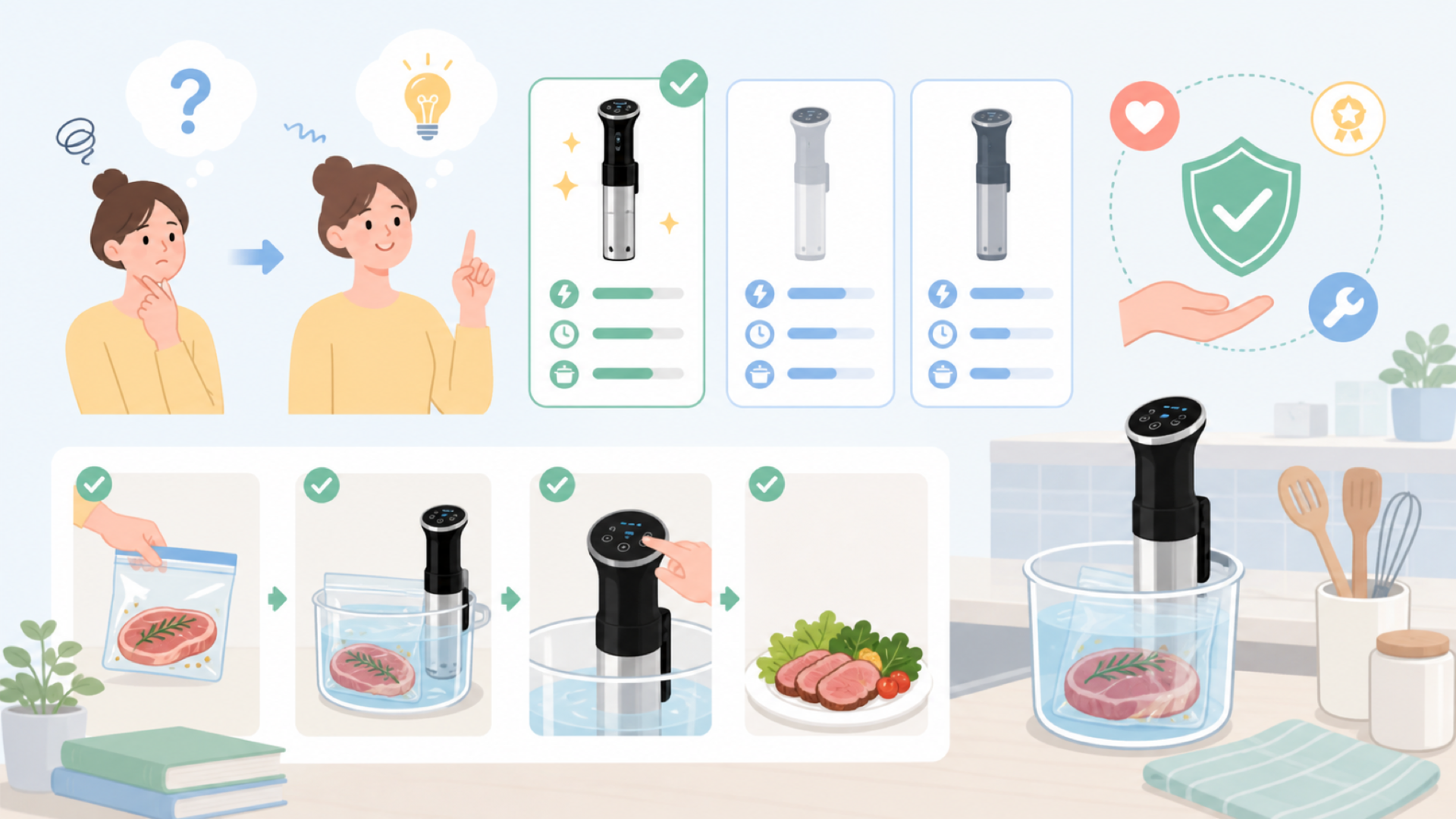 Yoranoの低温調理器のスペックと使い方を表すイラスト