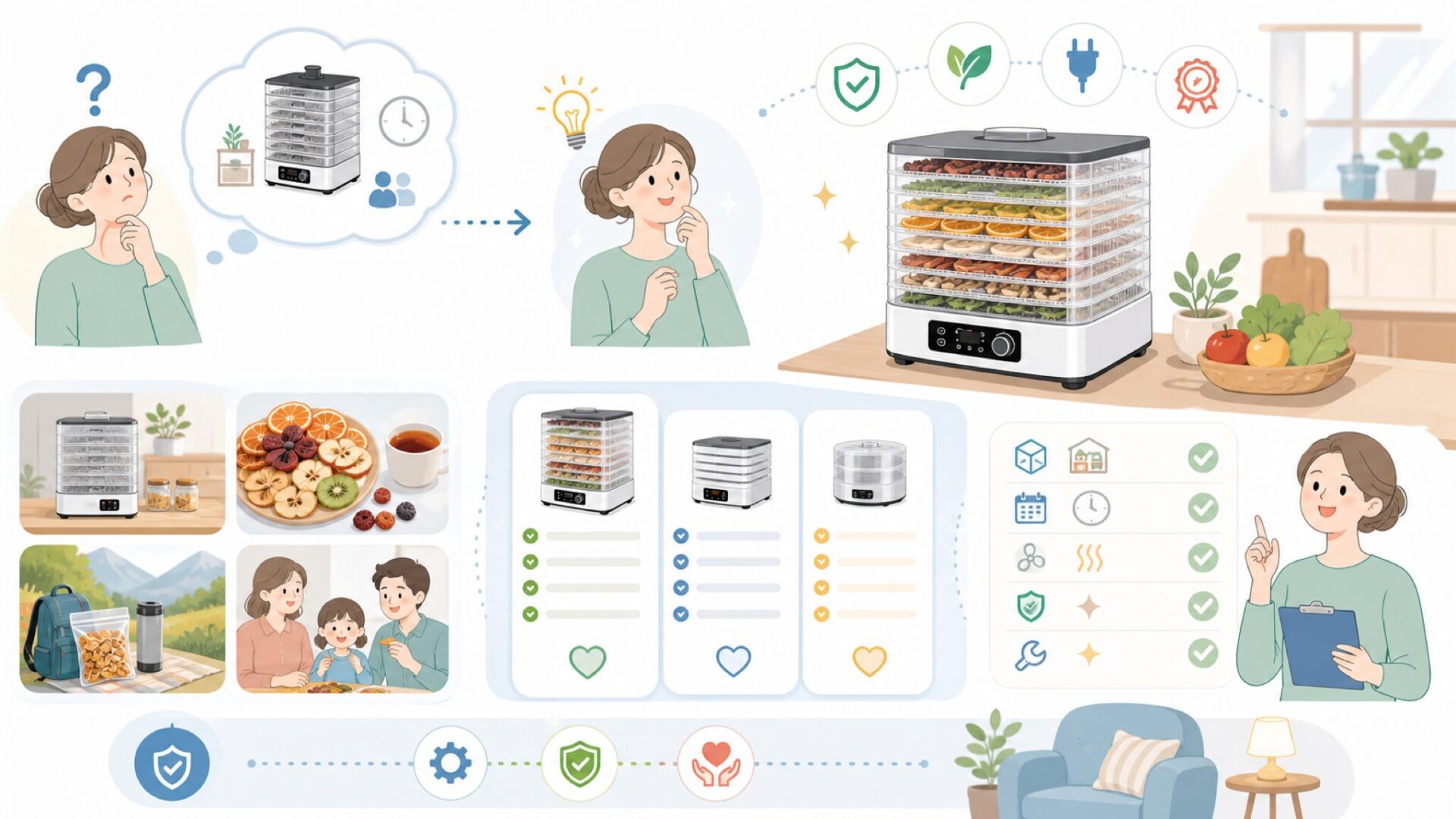 KWASYO 12層フードドライヤーの特徴と選ぶ前に押さえたいポイントを表すイラスト