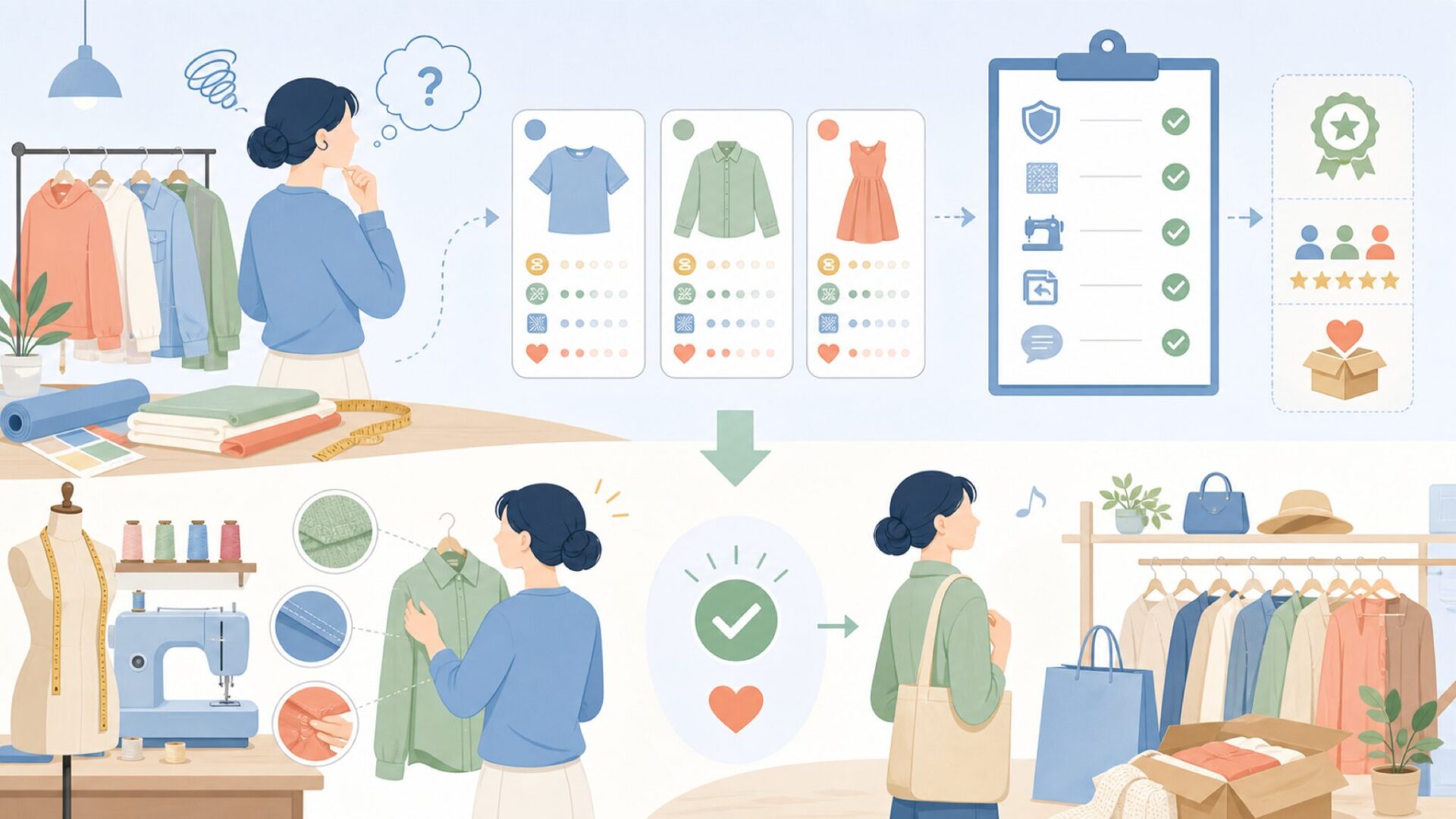 中国系ブランドを選ぶときに確認したいポイントを表すイラスト