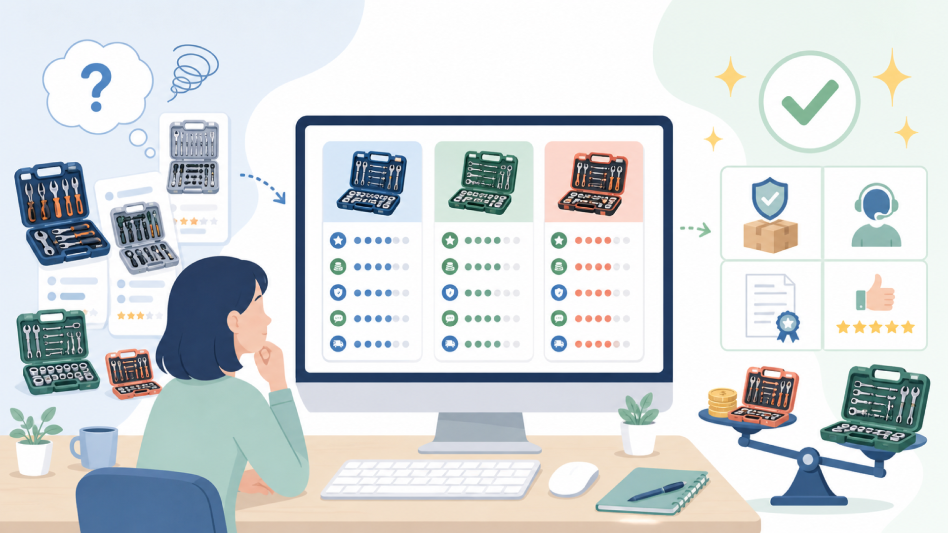 工具セットとして選ぶなら？ランキング・カテゴリで比較するを表すイラスト