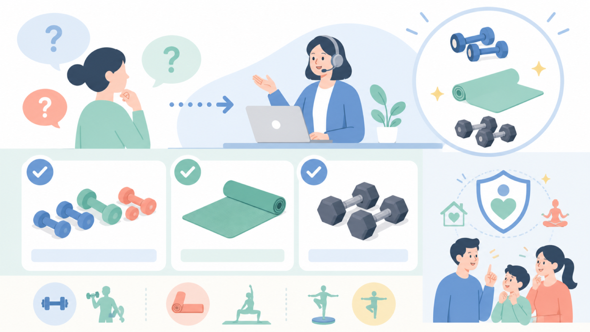 BalanceFromの主要商品ラインナップ｜ダンベル・マットの特徴を表すイラスト