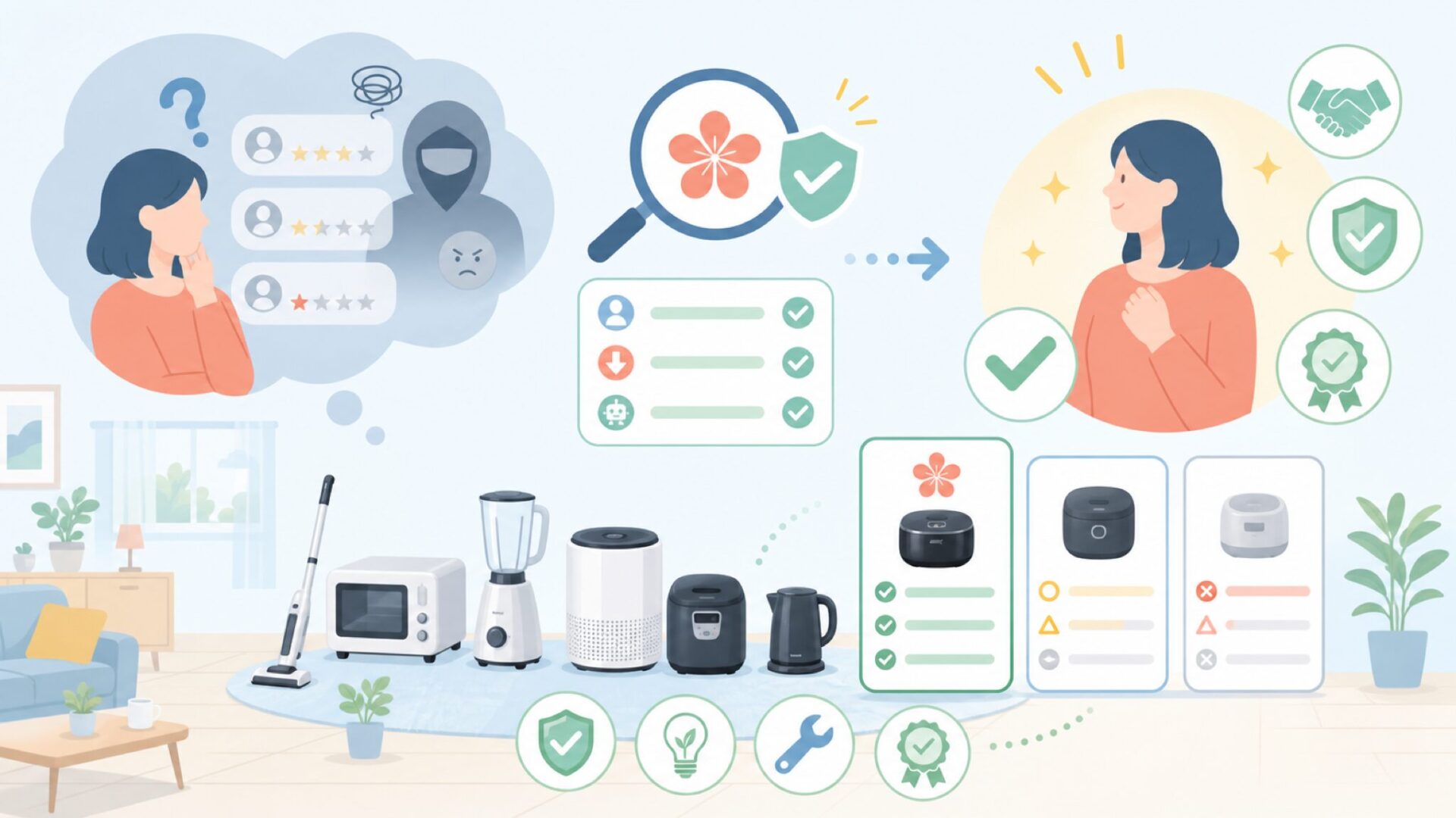Nuovowareの商品は信頼できる？サクラチェッカーで見る視点を表すイラスト