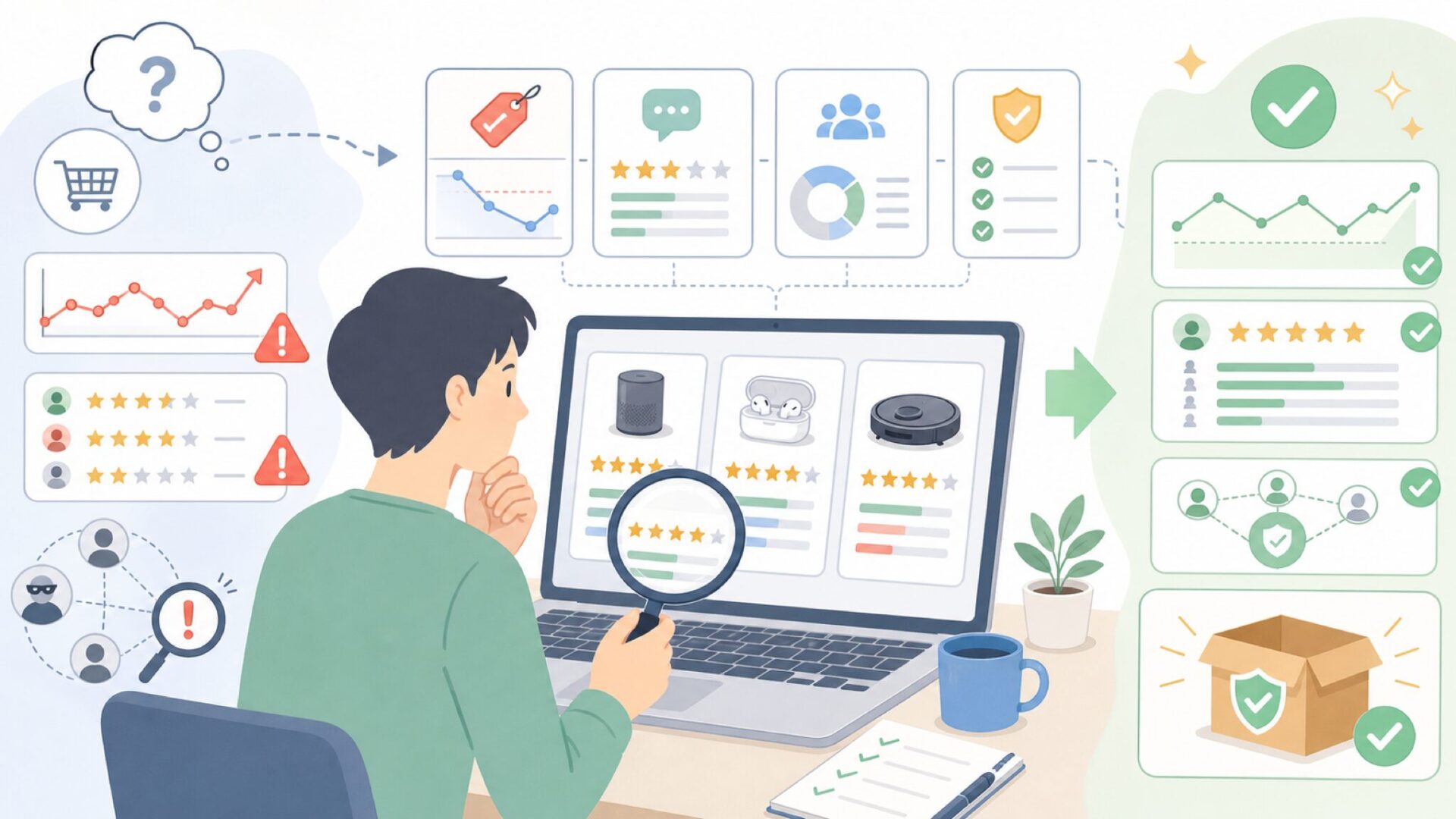 購入前にチェックしたい信頼性の見極め方を表すイラスト