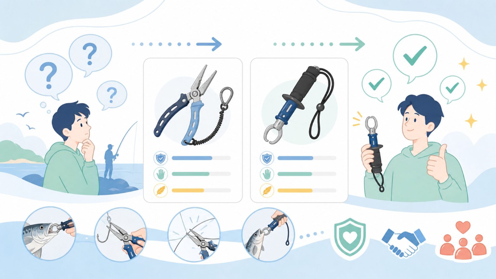 Umibozuの商品ラインナップ―フィッシングプライヤー・フィッシュグリップの特徴を表すイラスト