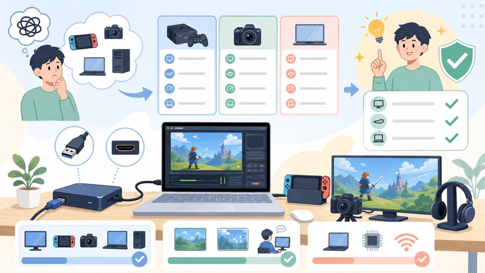 Guermokのキャプチャーボードの基本スペックと対応機器を表すイラスト