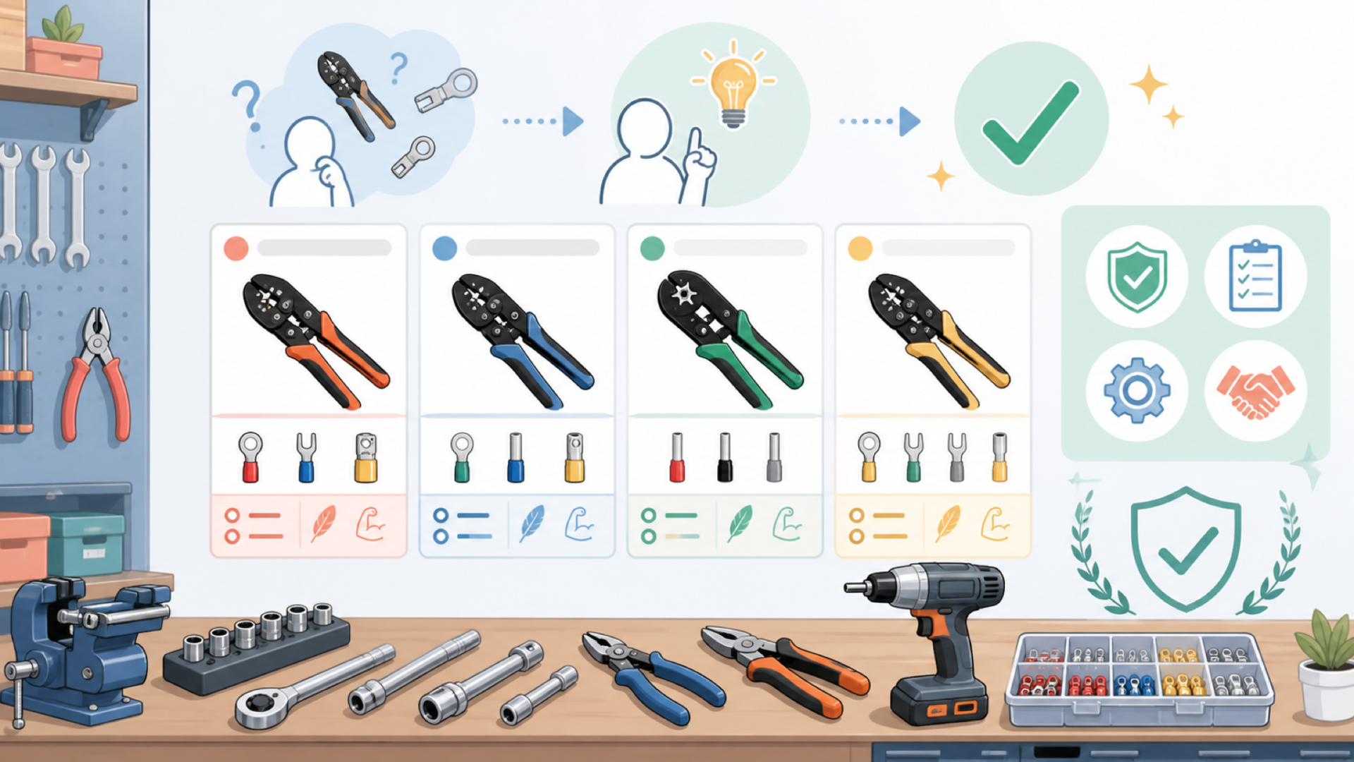 IWISS圧着工具のラインナップと選び方を表すイラスト