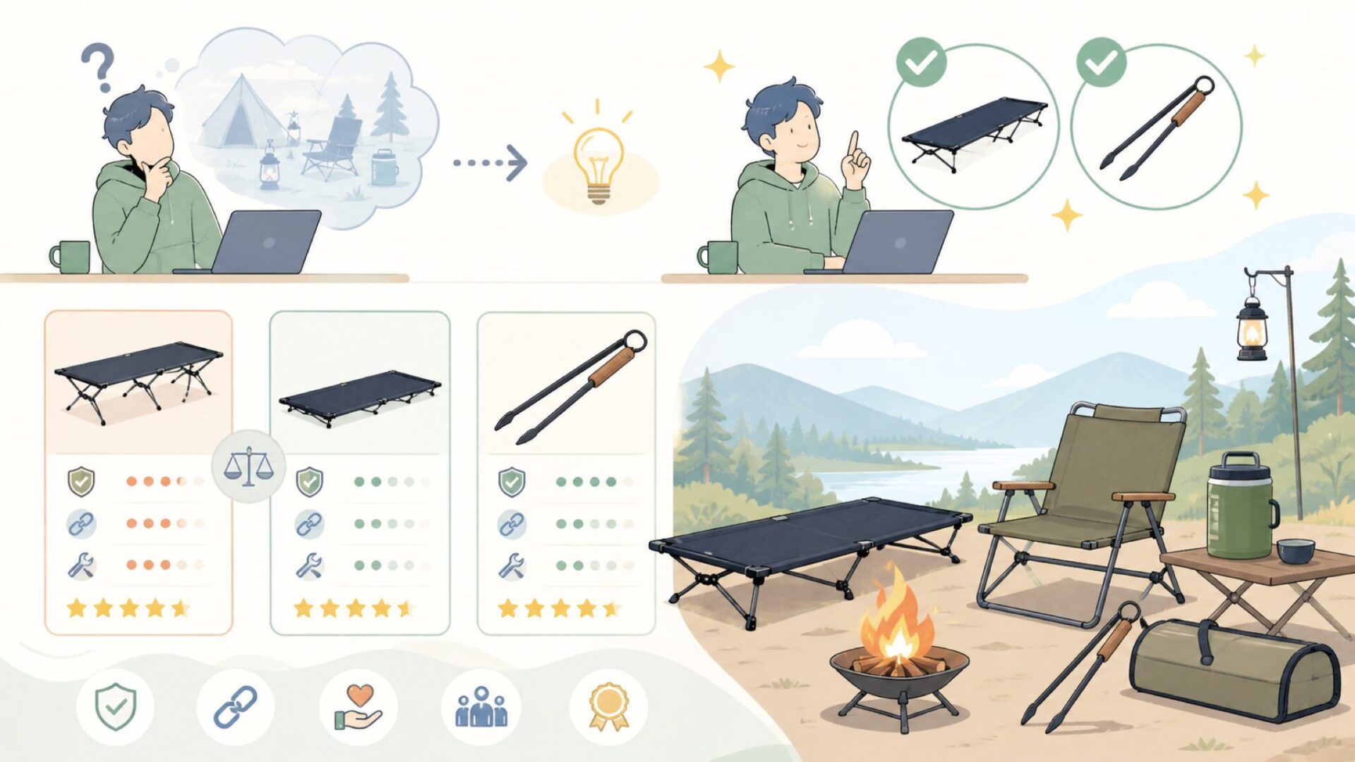 Ventlaxを代表する製品:2WAYコットと焚き火トング「TAKIBI TONG」を表すイラスト