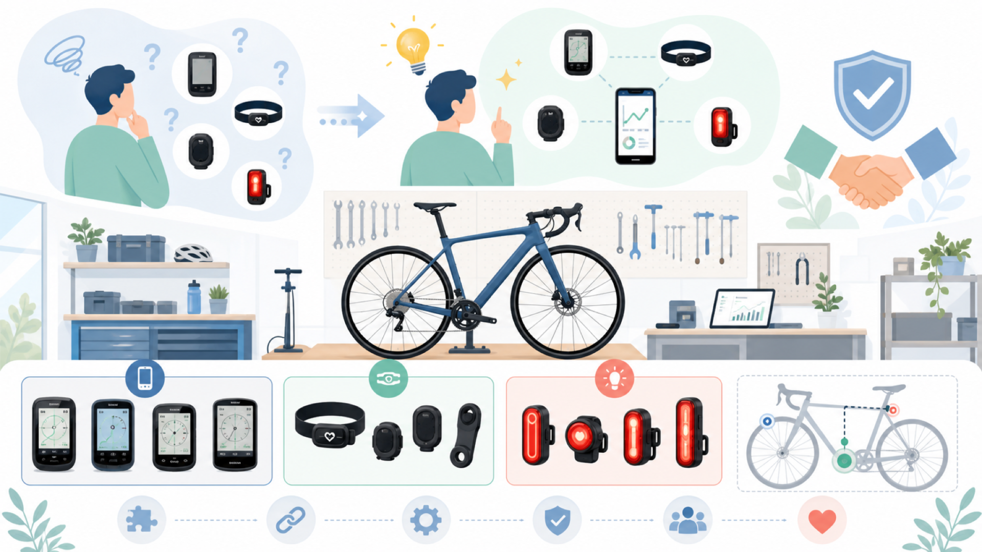 SHANRENが手掛ける自転車用品のラインナップを表すイラスト