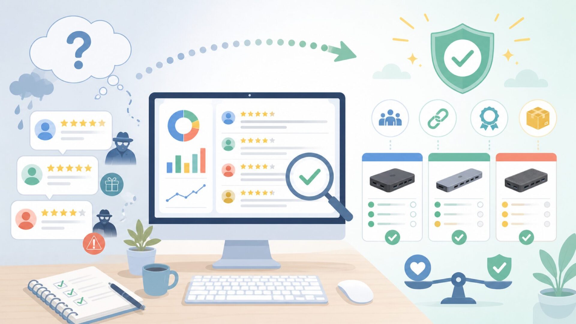 口コミ・レビューの信頼性はどう見極めればよいかを表すイラスト