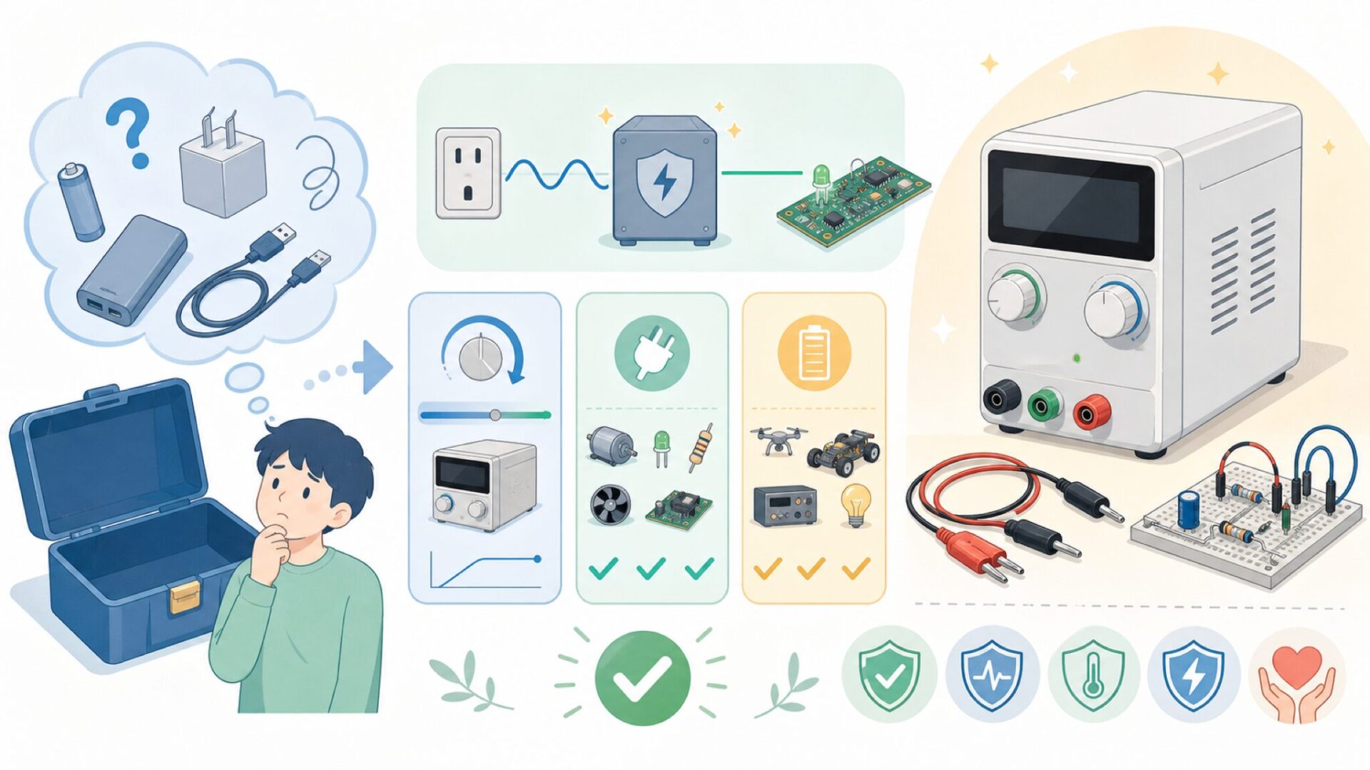 RUZIZAO安定化電源(0-30V 0-5A)の仕様と特徴を表すイラスト