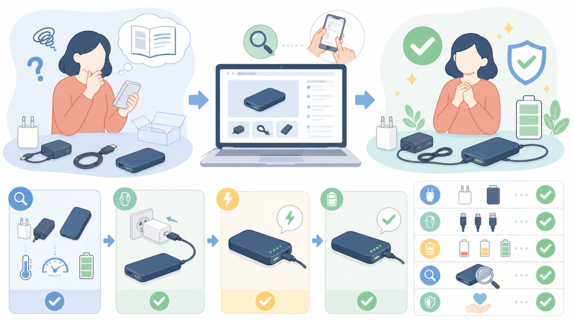 バッテリー充電器の説明書・使い方を確認するときのポイントを表すイラスト