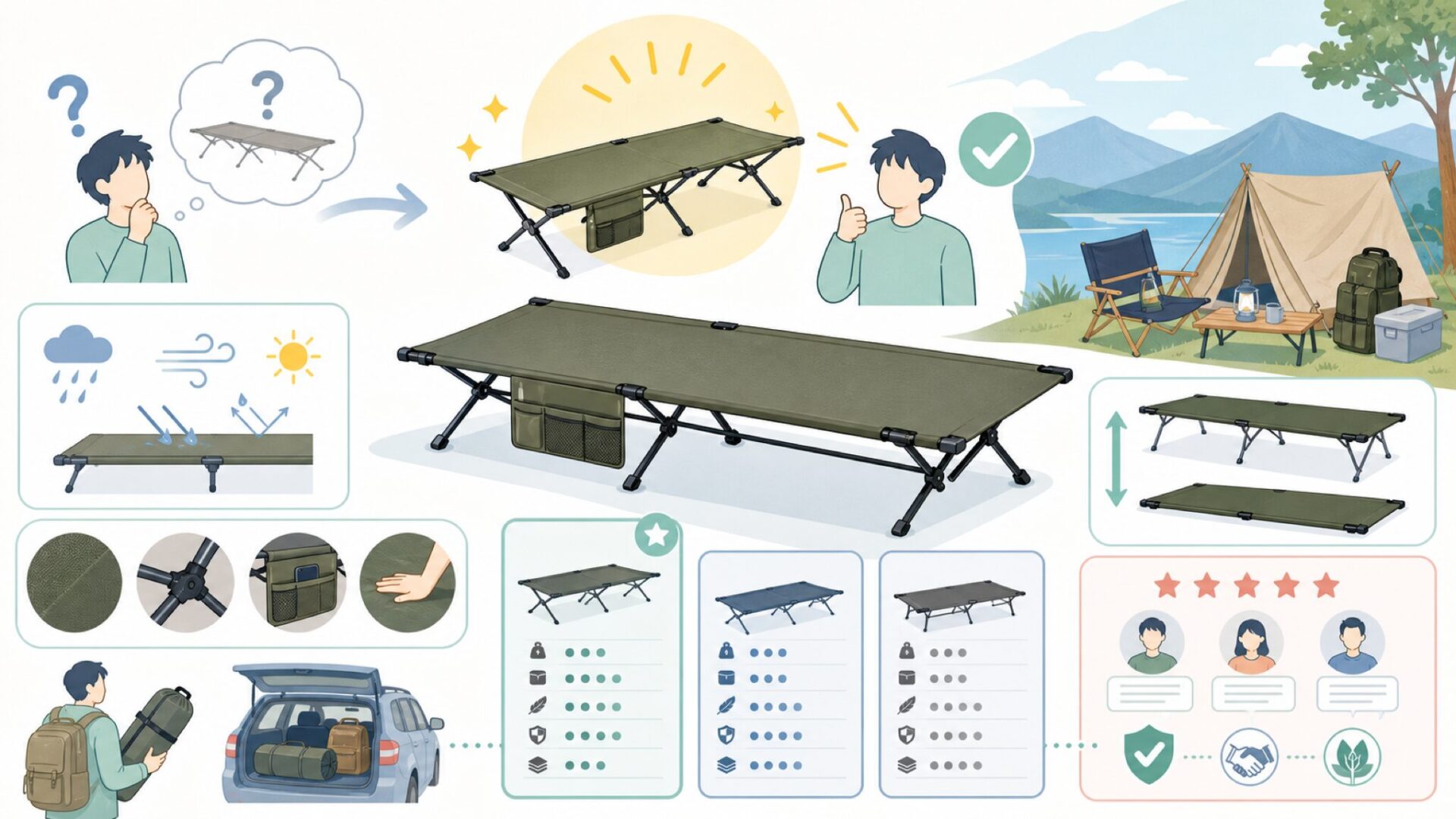 wolfyok outdoorsコットの魅力・スペックを徹底解説を表すイラスト
