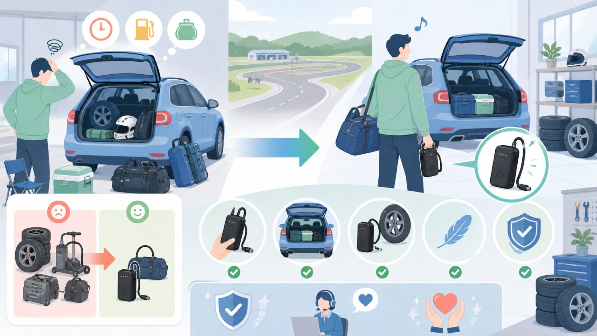 TOPUMPの電動ポンプを選んだ理由—車載の手間を減らす携帯性を表すイラスト