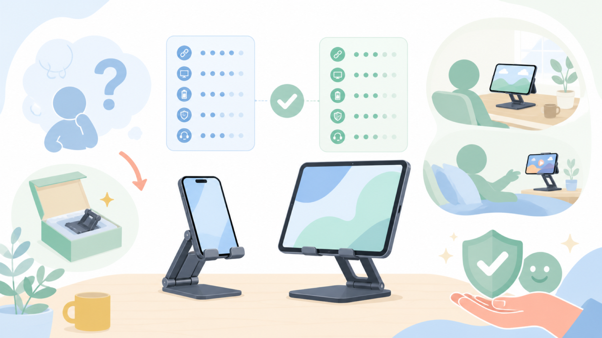 AKEIEのスマホ・タブレットスタンドを実際に使った人の感想を表すイラスト