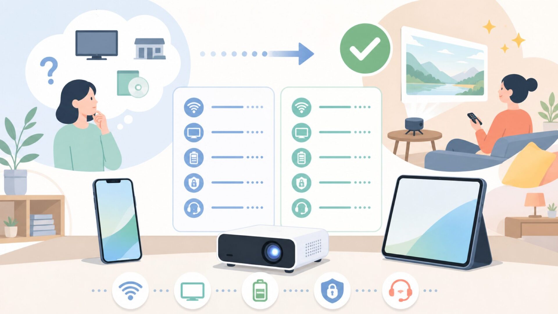 動画配信サービスの普及とPhiloentのような小型プロジェクターが注目される背景を表すイラスト