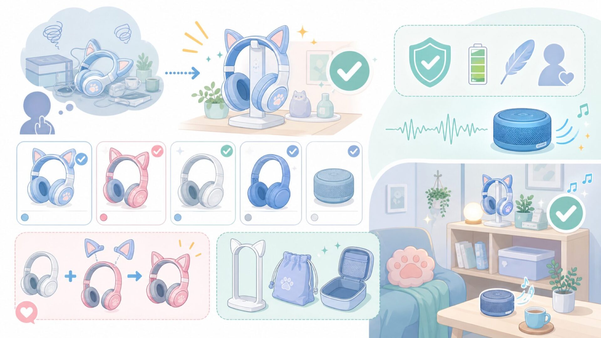 猫耳ヘッドホンの収納・後付け・関連アイテムを表すイラスト