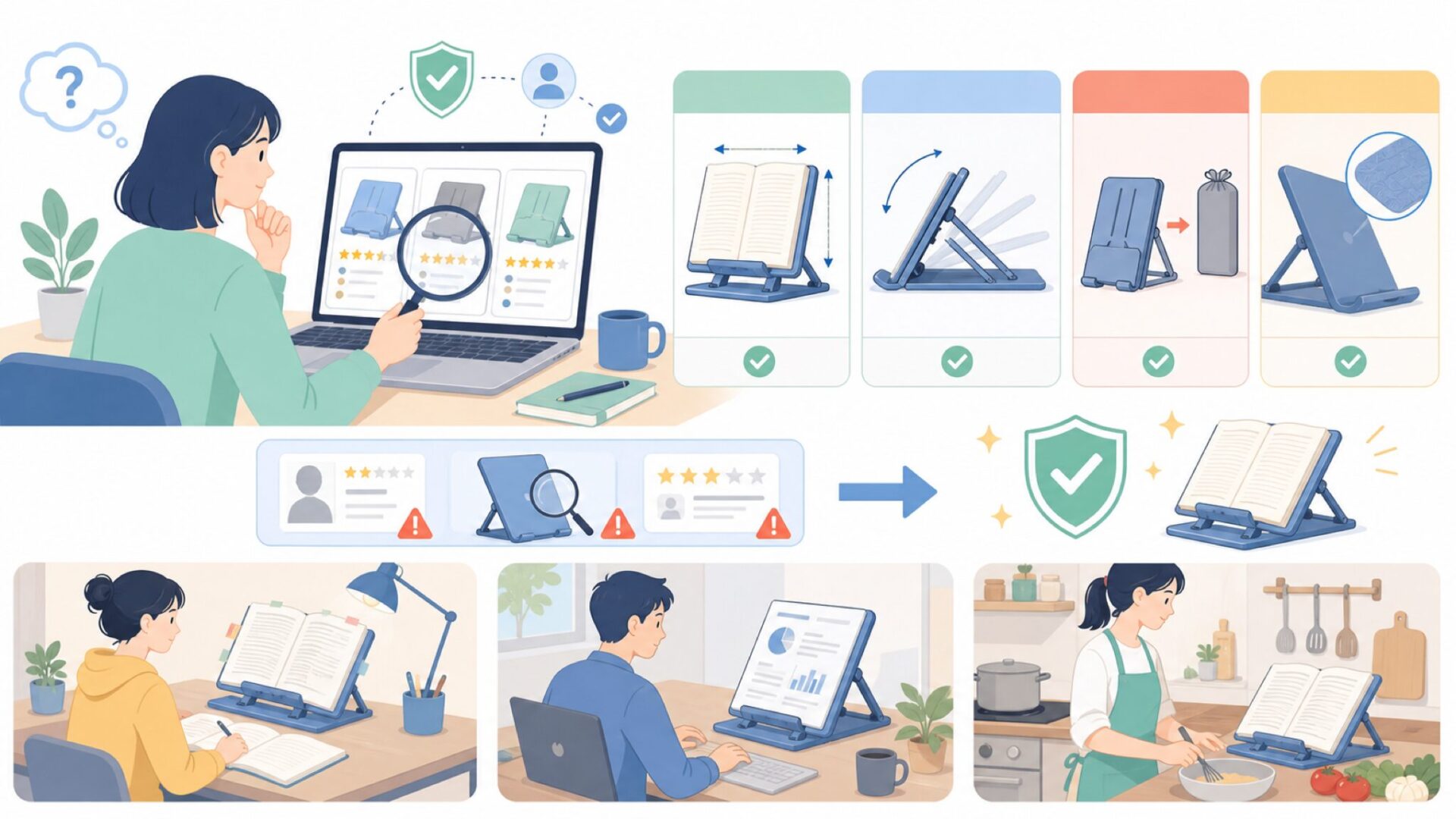 Reodoeerブックスタンドの使い勝手をチェック：サイズ・角度・収納を表すイラスト