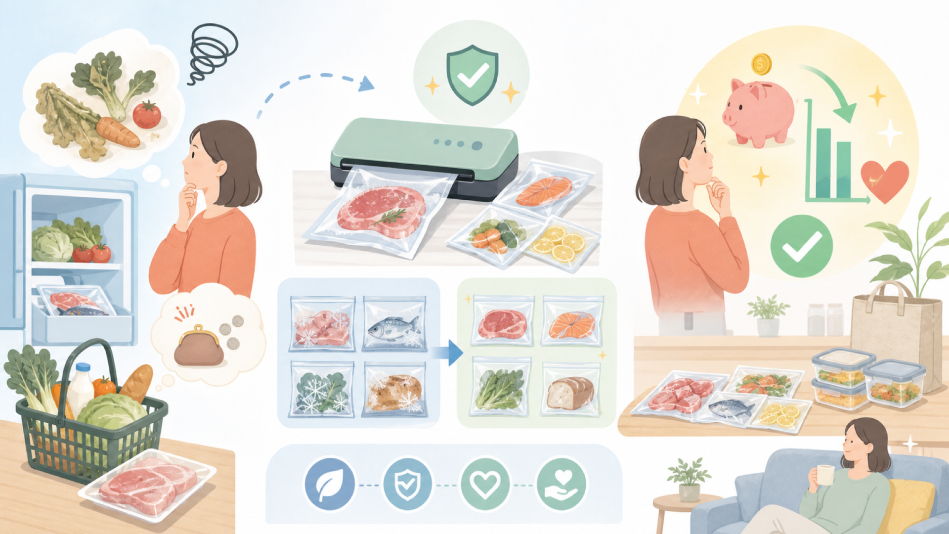 LKKNCが訴求する食品ロス削減と家計メリットとはを表すイラスト