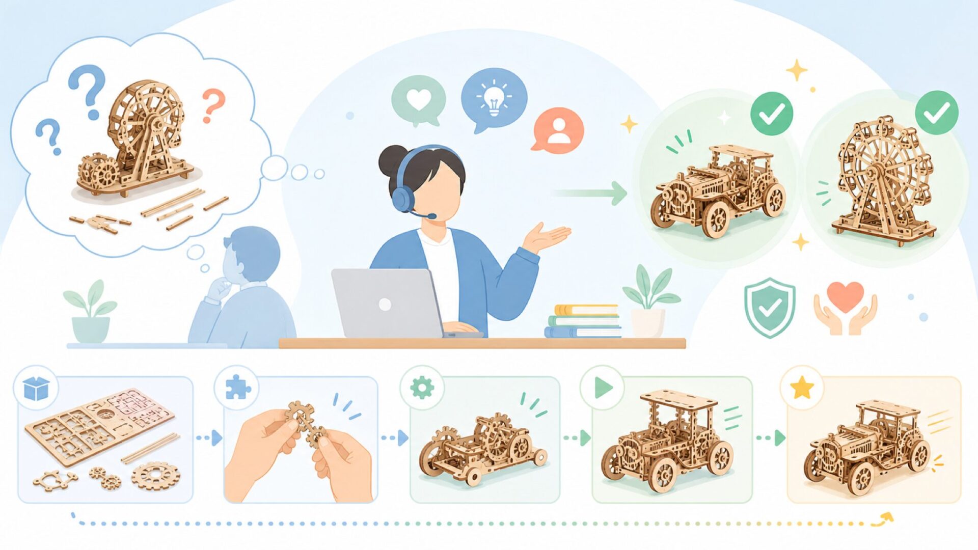 組み立てと完成後のギミックが生む楽しさを表すイラスト