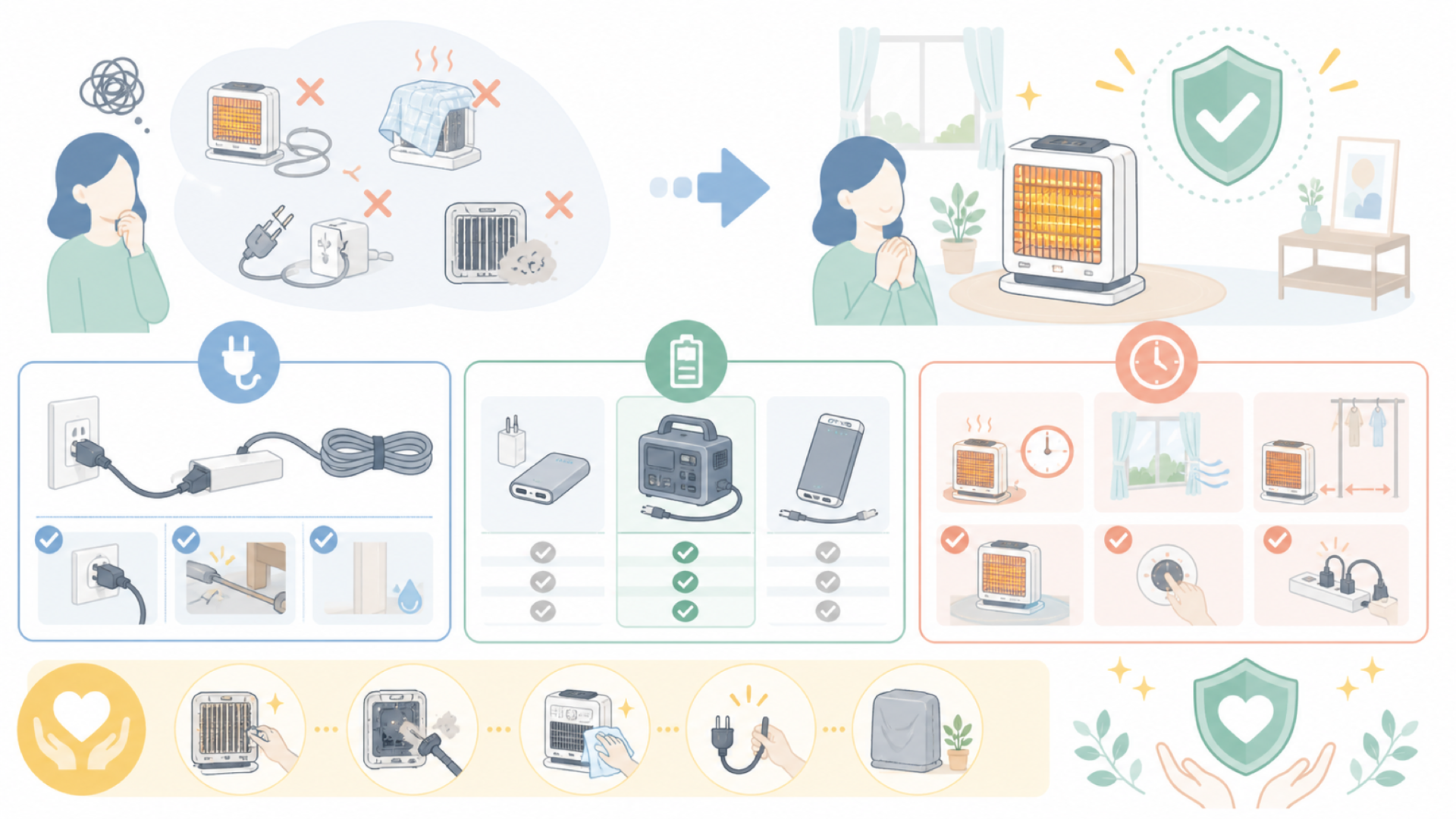 電気ヒーターを安全に長く使うための注意点を表すイラスト