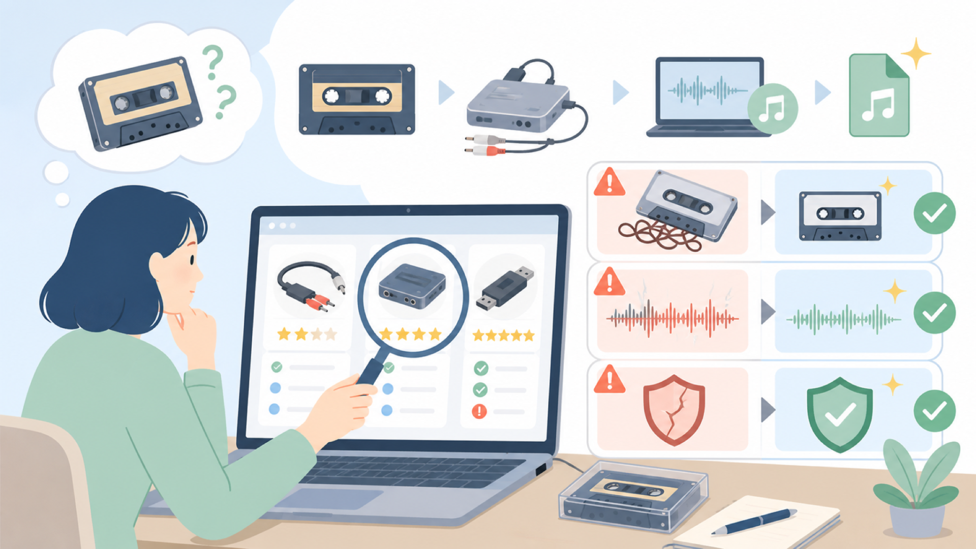 カセットテープをmp3化する際に知っておきたい注意点を表すイラスト