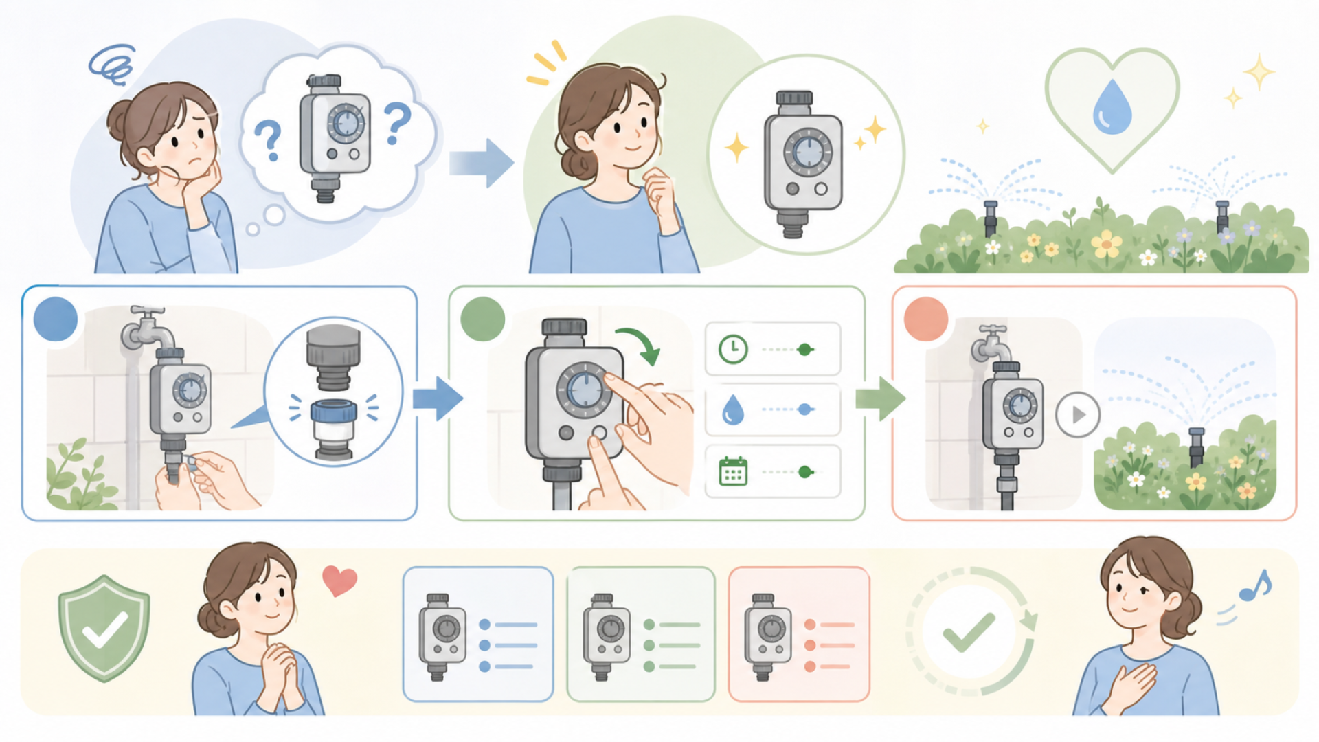 散水タイマーの使い方と設定の流れを表すイラスト
