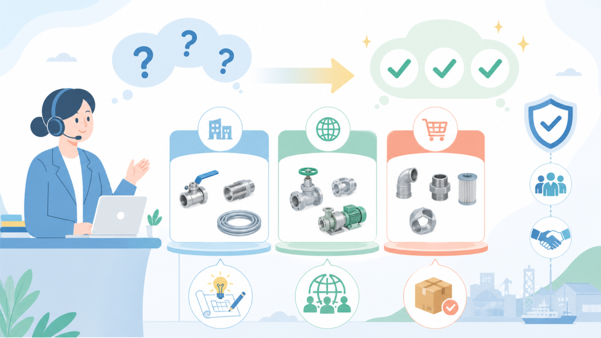 フローバルの商品ラインナップ（自社ブランド・海外提携品・NB商品）を表すイラスト