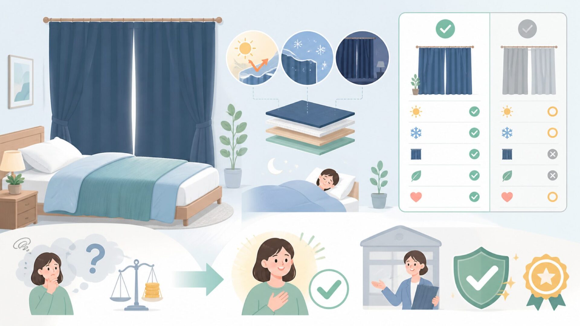 Hansleep遮光カーテンの性能とコスパを確認を表すイラスト