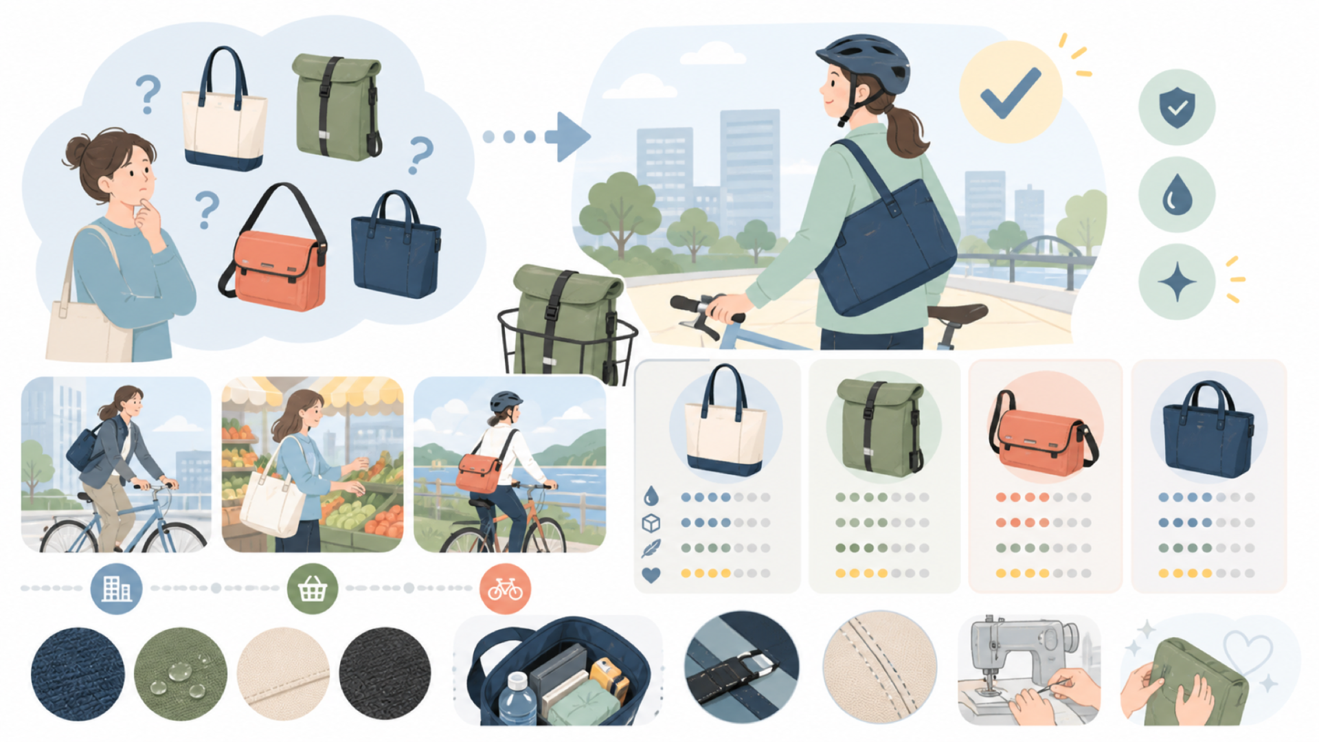 通勤・サイクリングでの活用シーンと注意点を表すイラスト