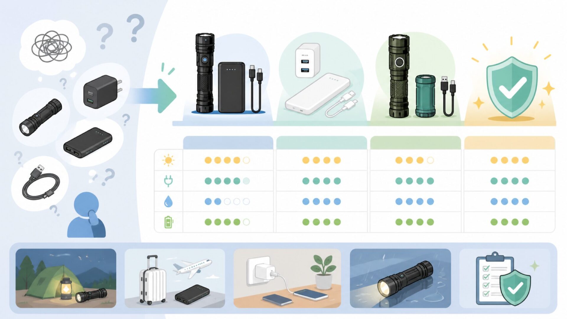 LETOURと定番メーカー（GENTOS・Anker・Olightなど）を比較する視点を表すイラスト