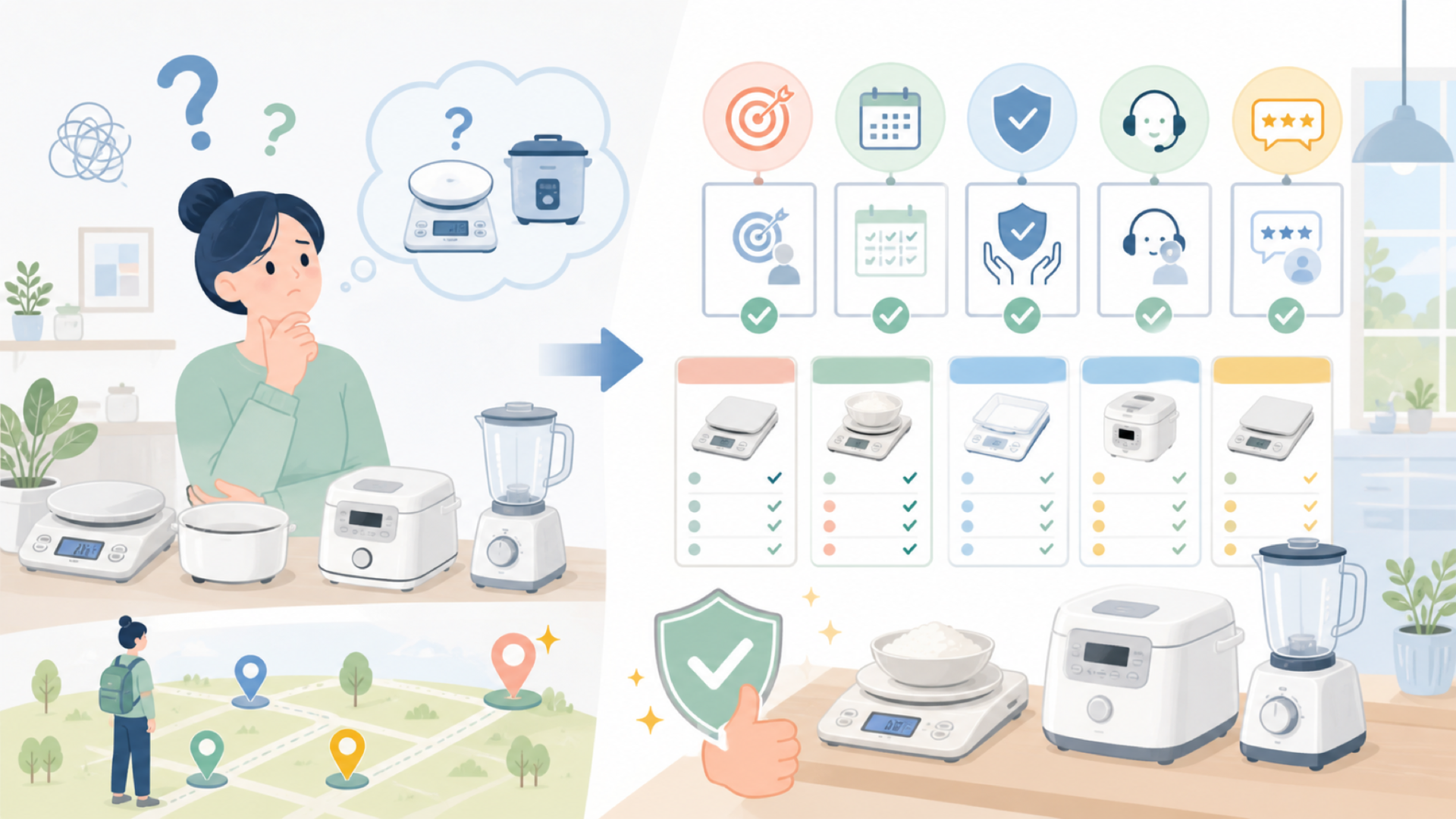 慣れないメーカーの計量器・調理家電を選ぶときの基準を表すイラスト
