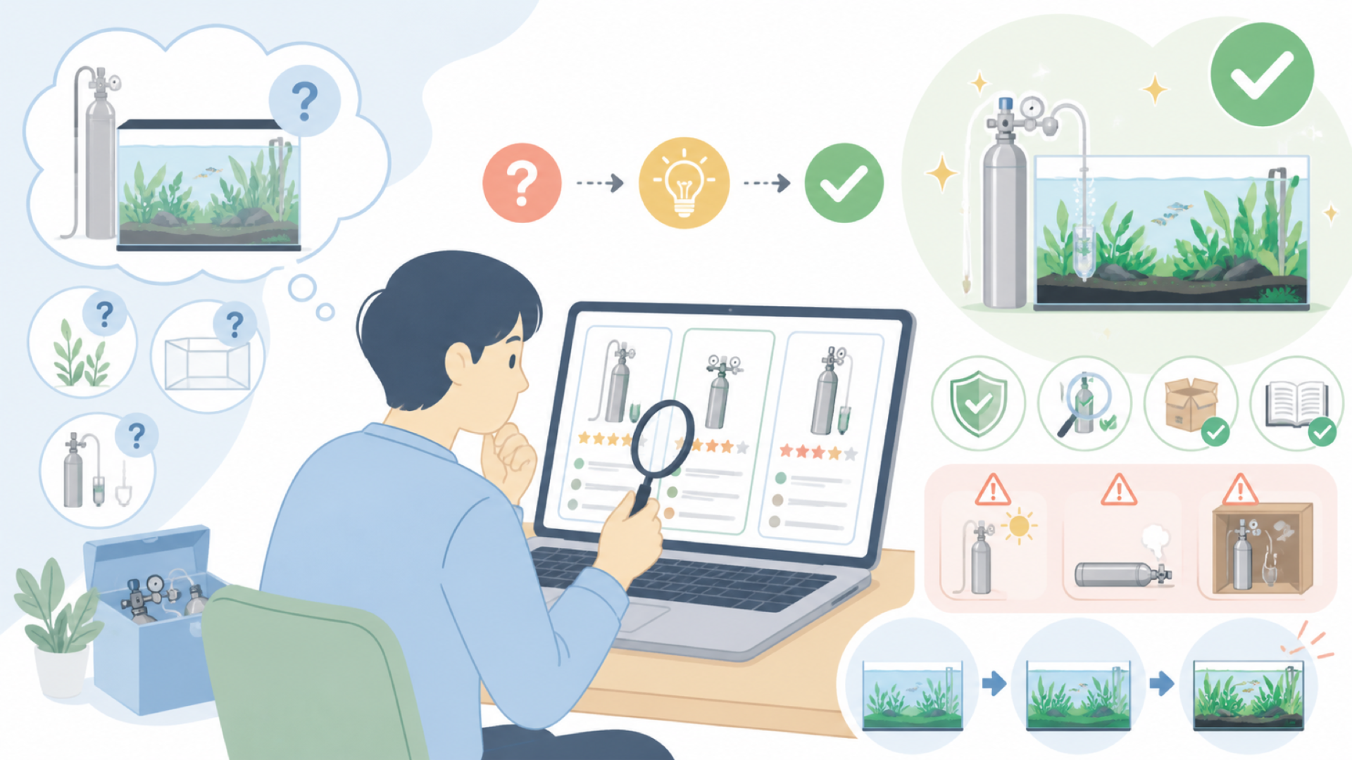 初めてCO2添加を始めるときに確認しておきたいポイントを表すイラスト