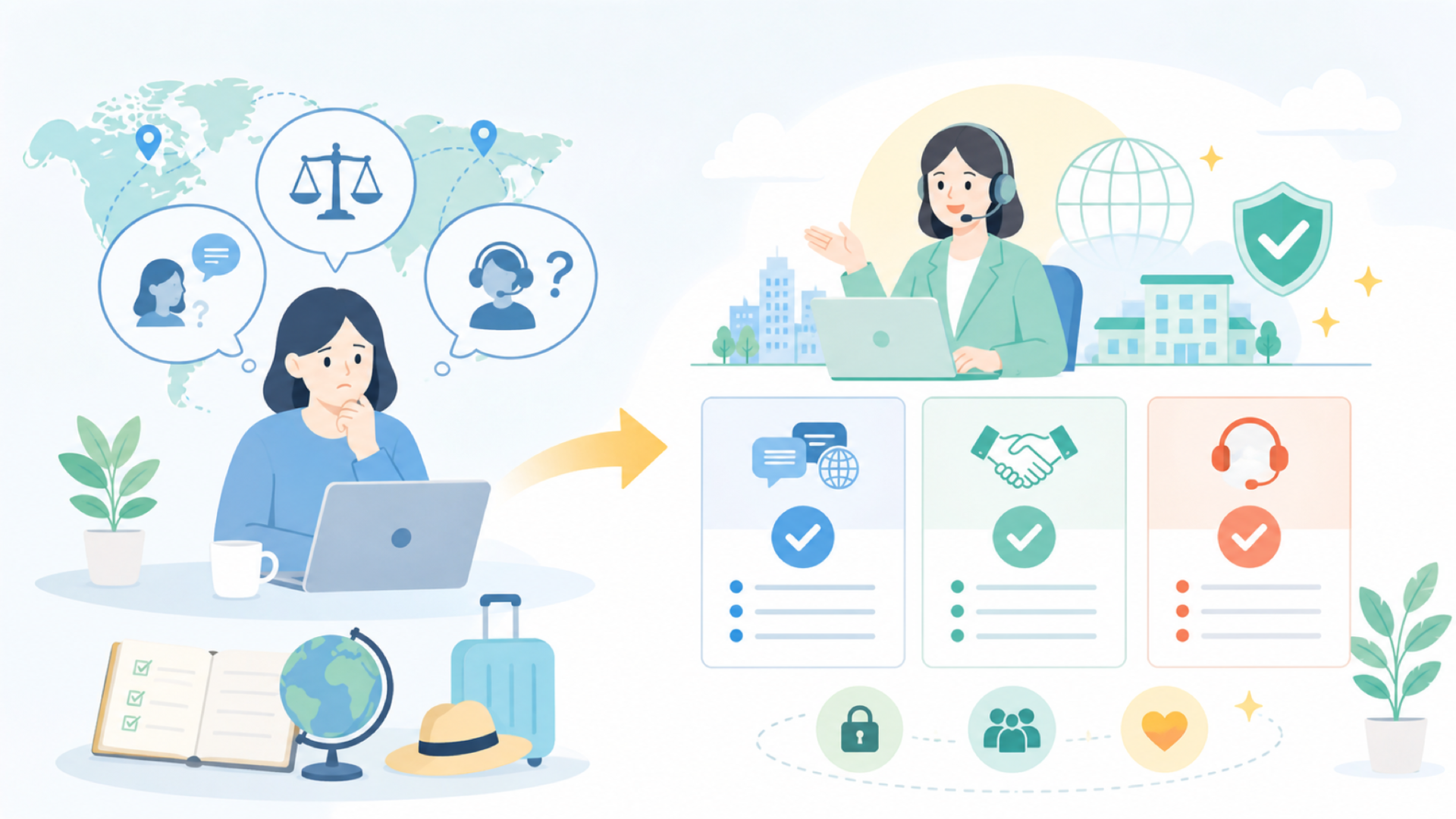 海外に拠点がある会社やサービスを利用するときに知っておきたいことを表すイラスト