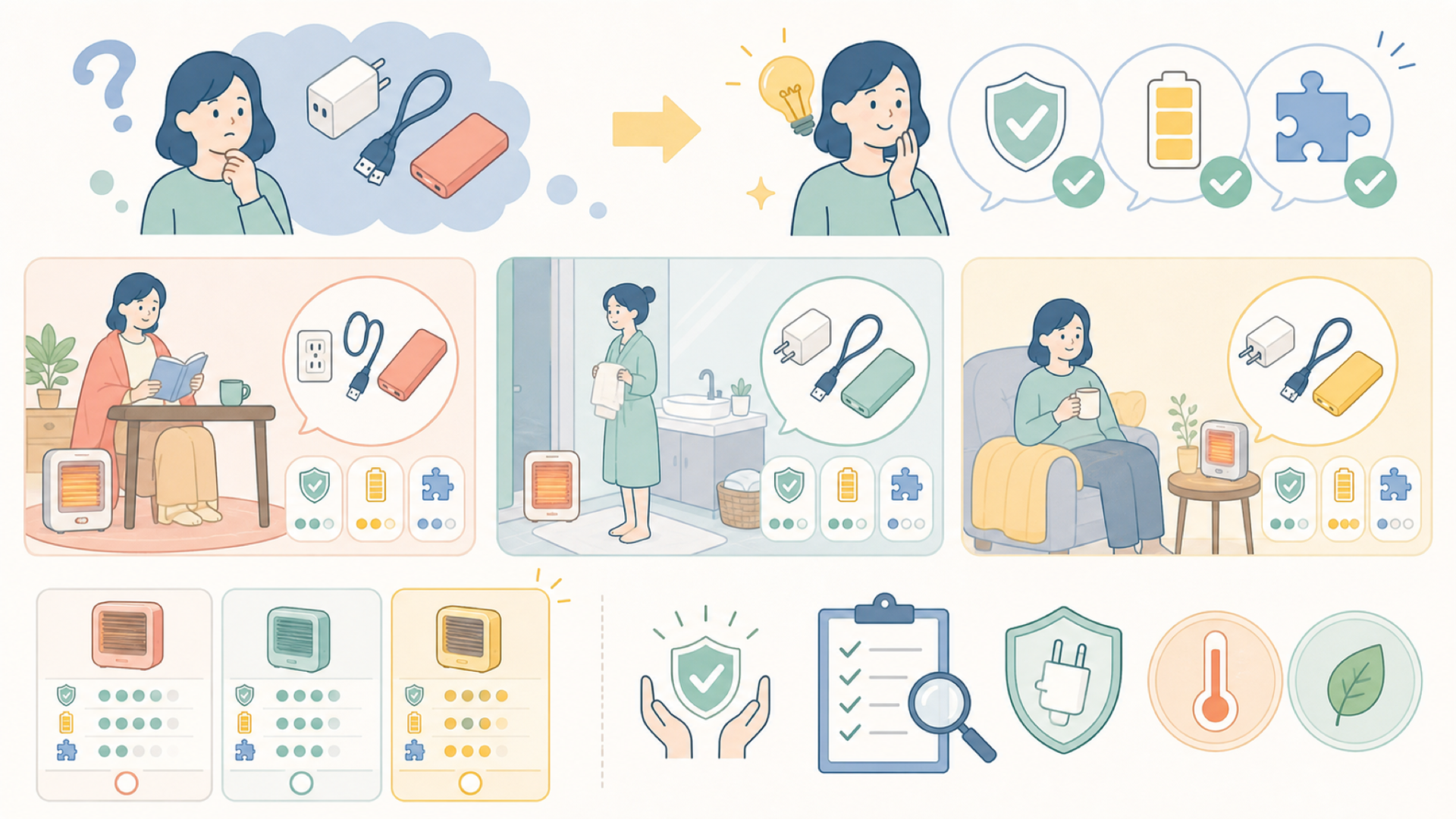 足元・脱衣所など使用シーン別のヒーターの選び方を表すイラスト