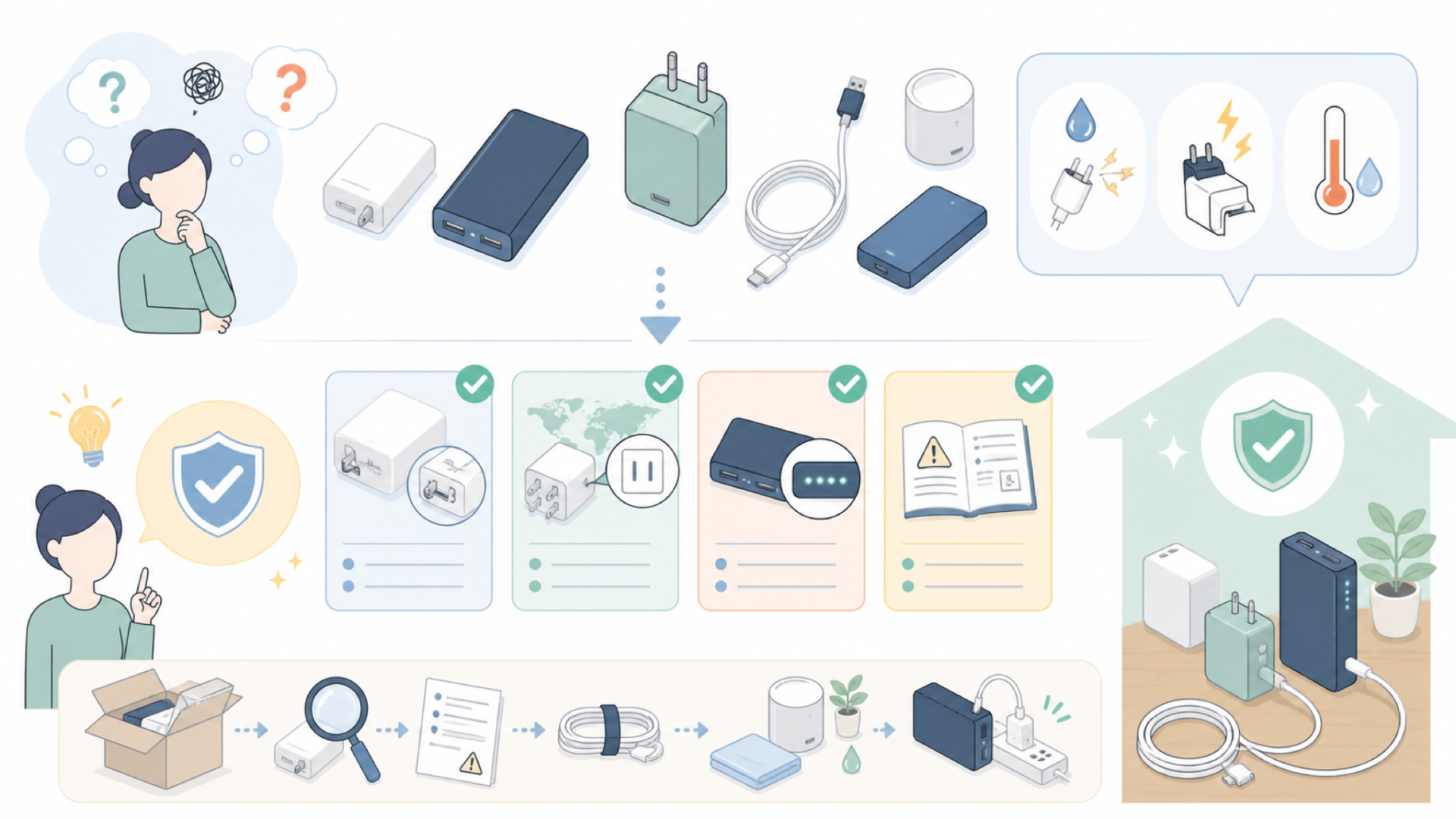 電子機器を安全に使うための確認ポイント（表示・保証など）を表すイラスト