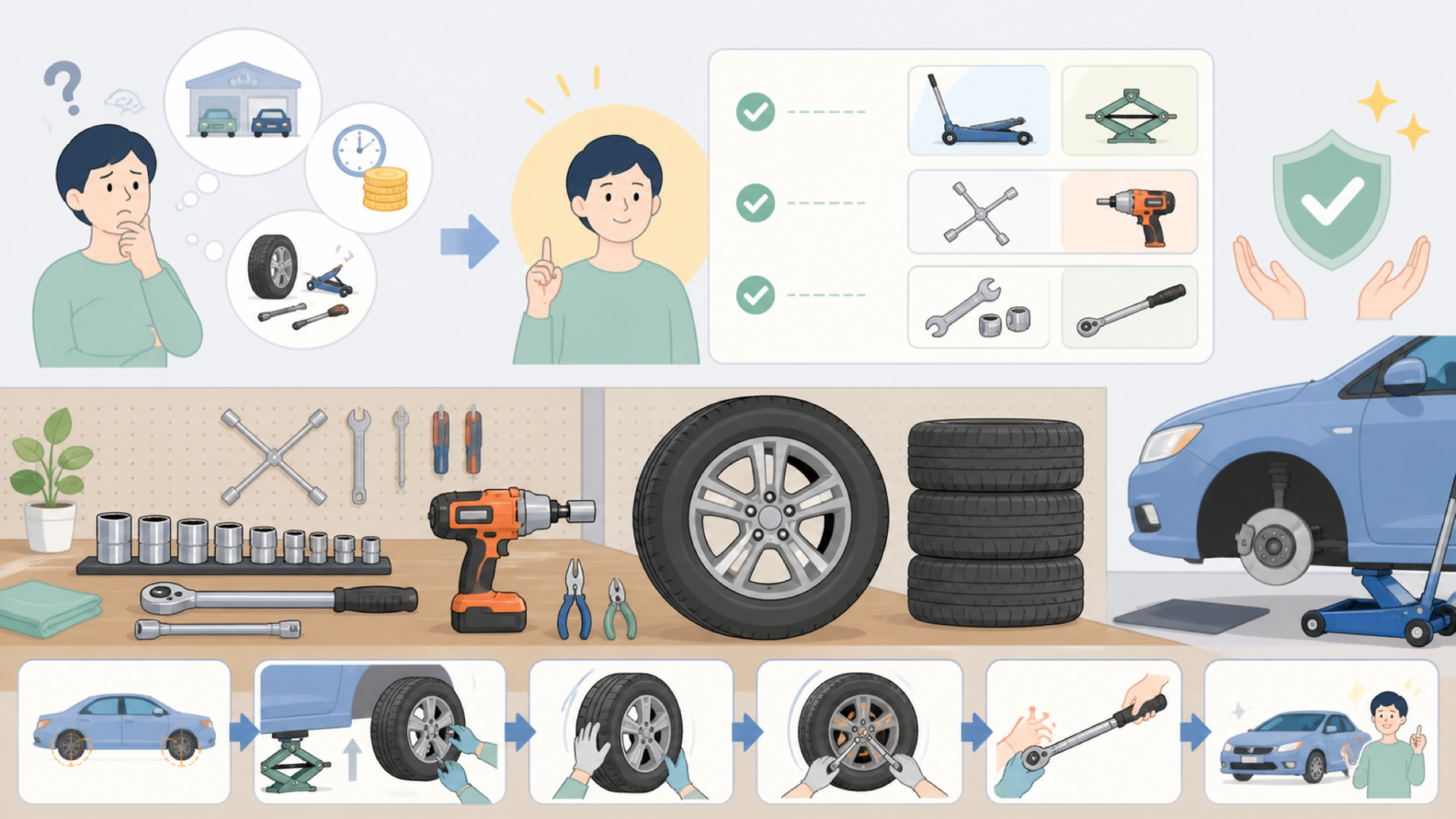 車のタイヤ交換の基礎知識を表すイラスト