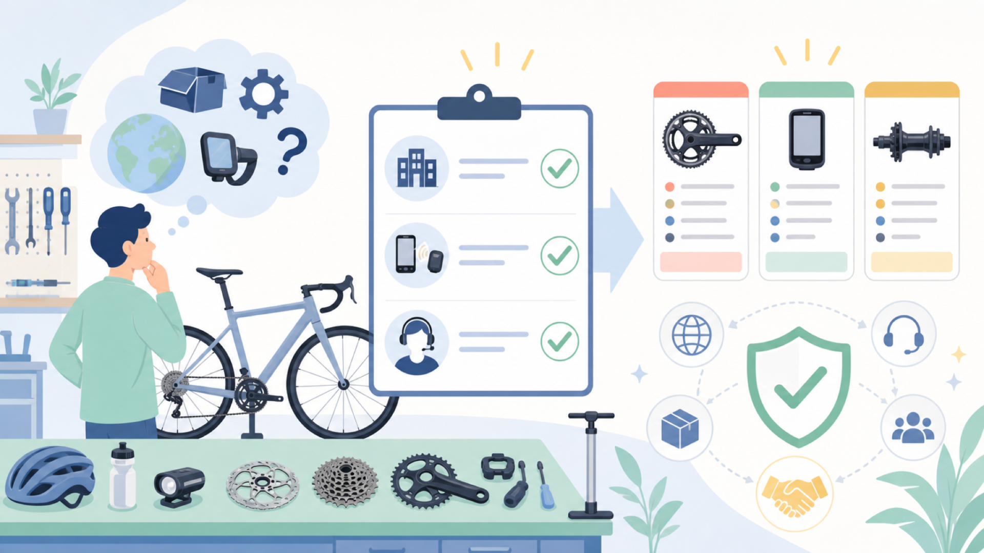海外の自転車パーツブランドを選ぶときに確認したいポイントを表すイラスト