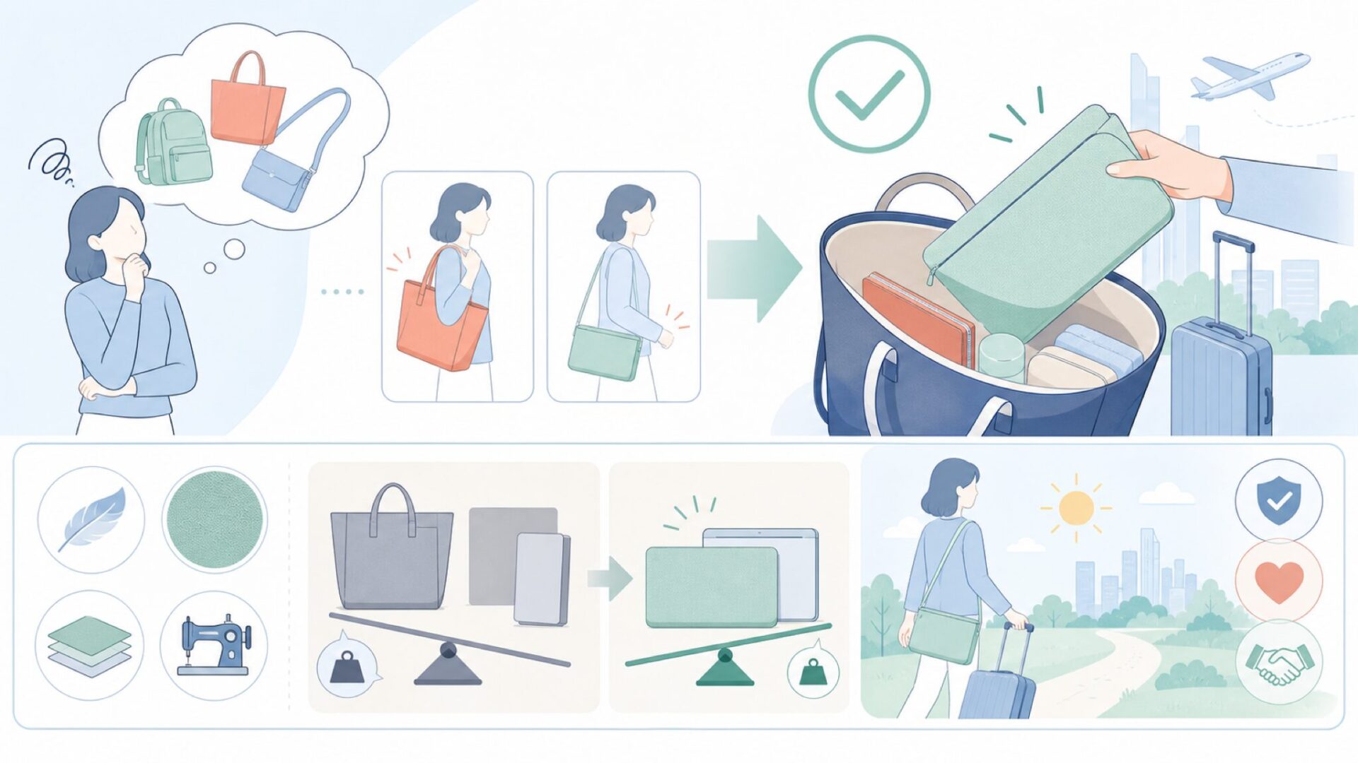 携帯性とデザインは持ち運びに向くかを表すイラスト