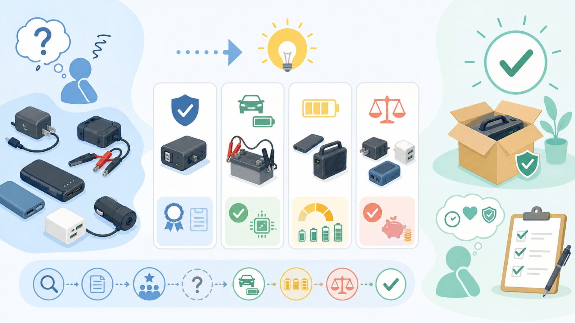 Seimituseizouのバッテリー充電器を選ぶ前に確認すべきことを表すイラスト