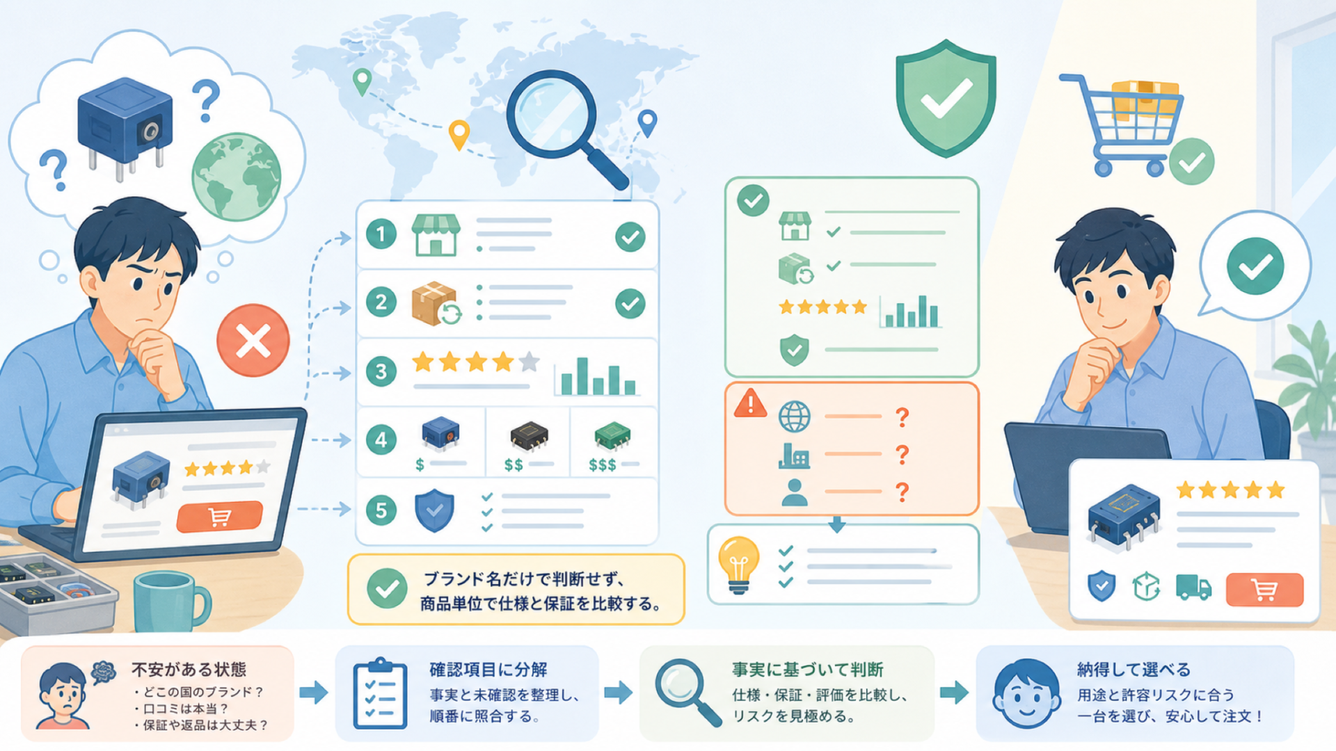 Aideepenはどこの国のブランド?会社概要と購入前の確認法の要点を表すイラスト