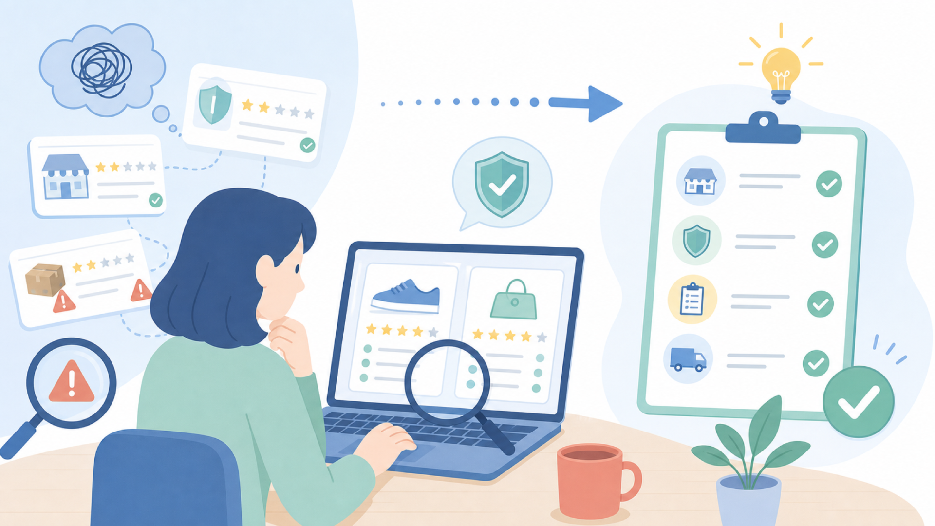 購入前の確認項目を自分用リストにする考え方を表すイラスト