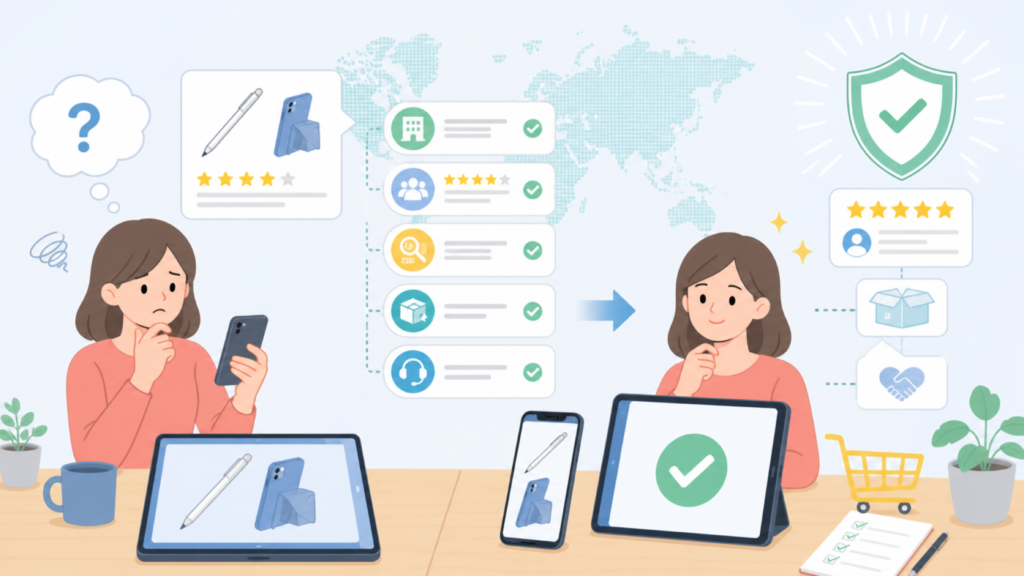 BabbleComはどこの国？運営会社と購入前の安全確認ポイントの要点を表すイラスト