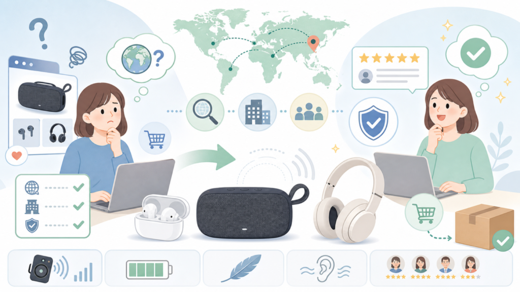 Bobtotスピーカーどこの国？運営会社の実態と購入前チェックの要点を表すイラスト