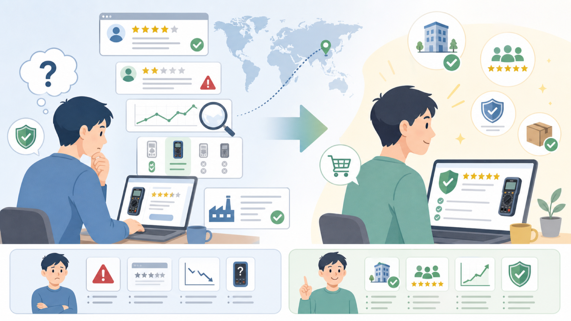 BTMETERはどこの国のブランド?会社の実態と信頼性を確認の要点を表すイラスト