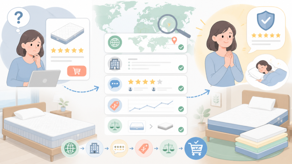 Caividomはどこの国？運営会社・口コミ・価格を購入前に確認の要点を表すイラスト